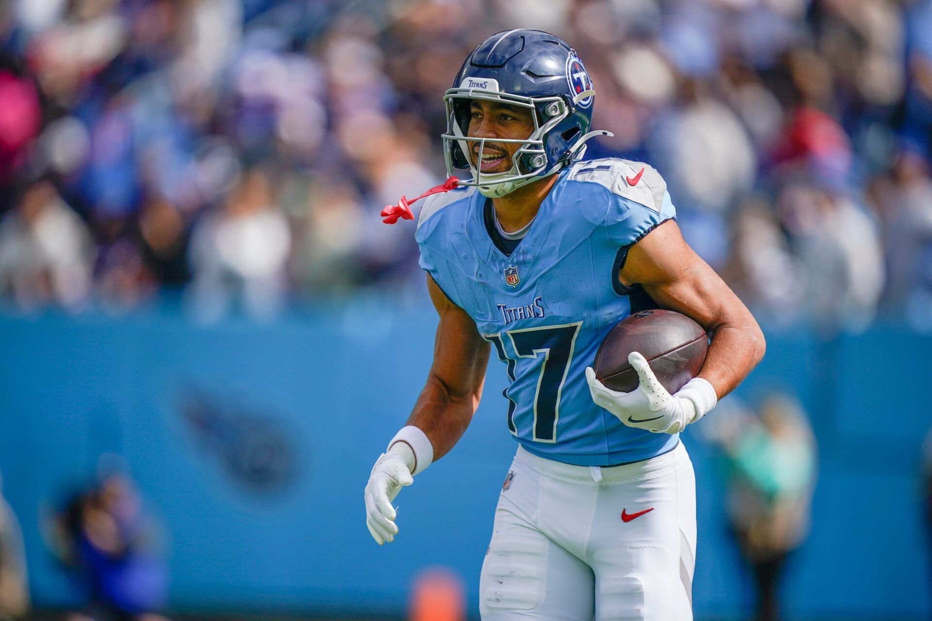 Tennessee Titans wide receiver Chimere Dike (17) got his first touchdown against the New England Patriots during the first quarter at Nissan Stadium in Nashville, Tenn., Sunday, Oct. 19, 2025.