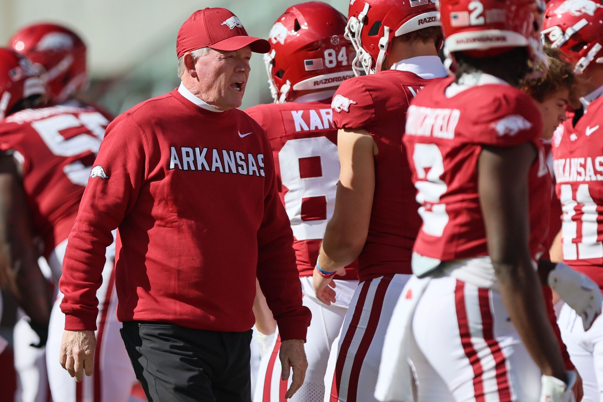 Arkansas Razorbacks interim head coach Bobby Petrino prior to the game against the Mississippi State Bulldogs at Donald W. Reynolds Razorback Stadium.