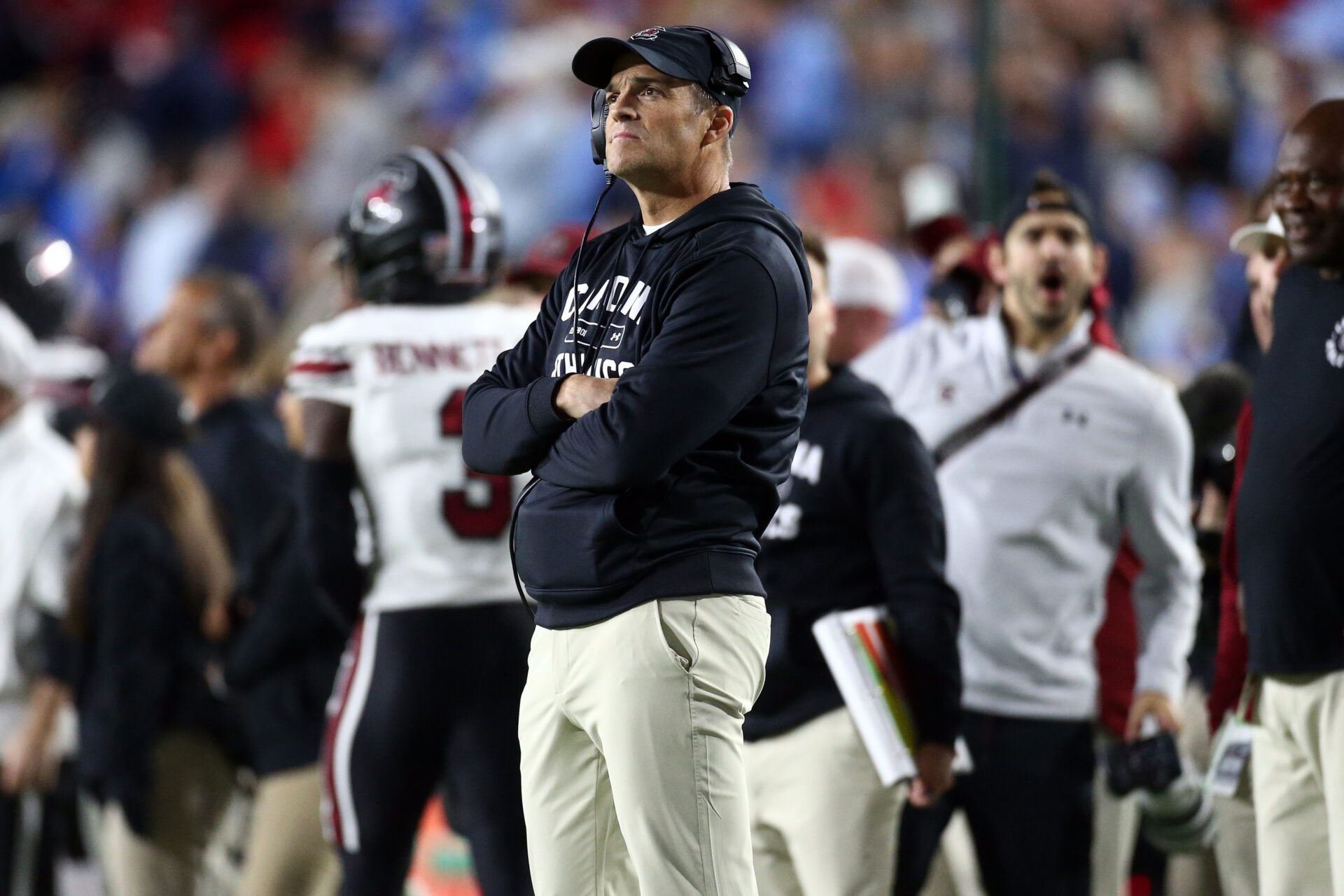 South Carolina Gamecocks head coach Shane Beamer looks on during the second quarter against the Mississippi Rebels at Vaught-Hemingway Stadium.