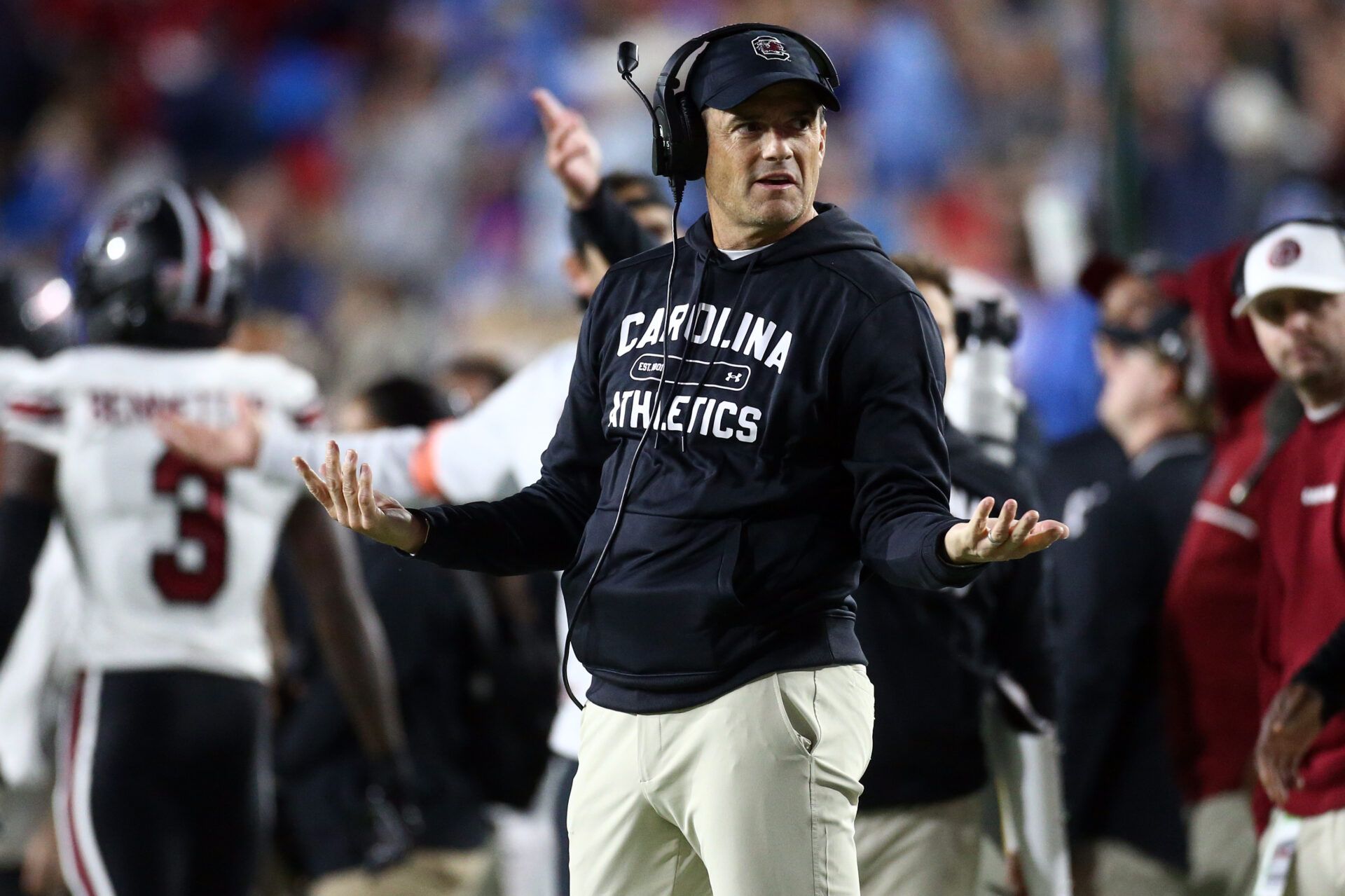 South Carolina Gamecocks head coach Shane Beamer reacts during the second quarter against the Mississippi Rebels at Vaught-Hemingway Stadium.