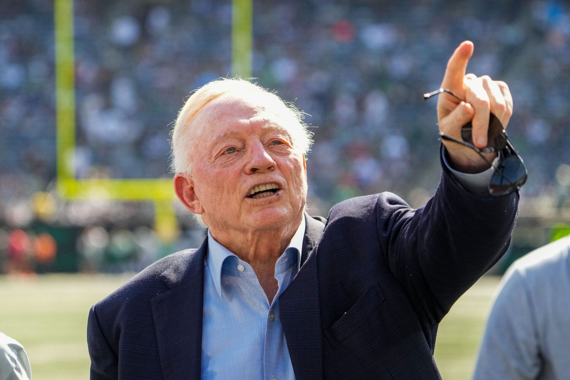 Dallas Cowboys Owner, President and general manager Jerry Jones stands on the field prior to a game against the New York Jets  at MetLife Stadium.