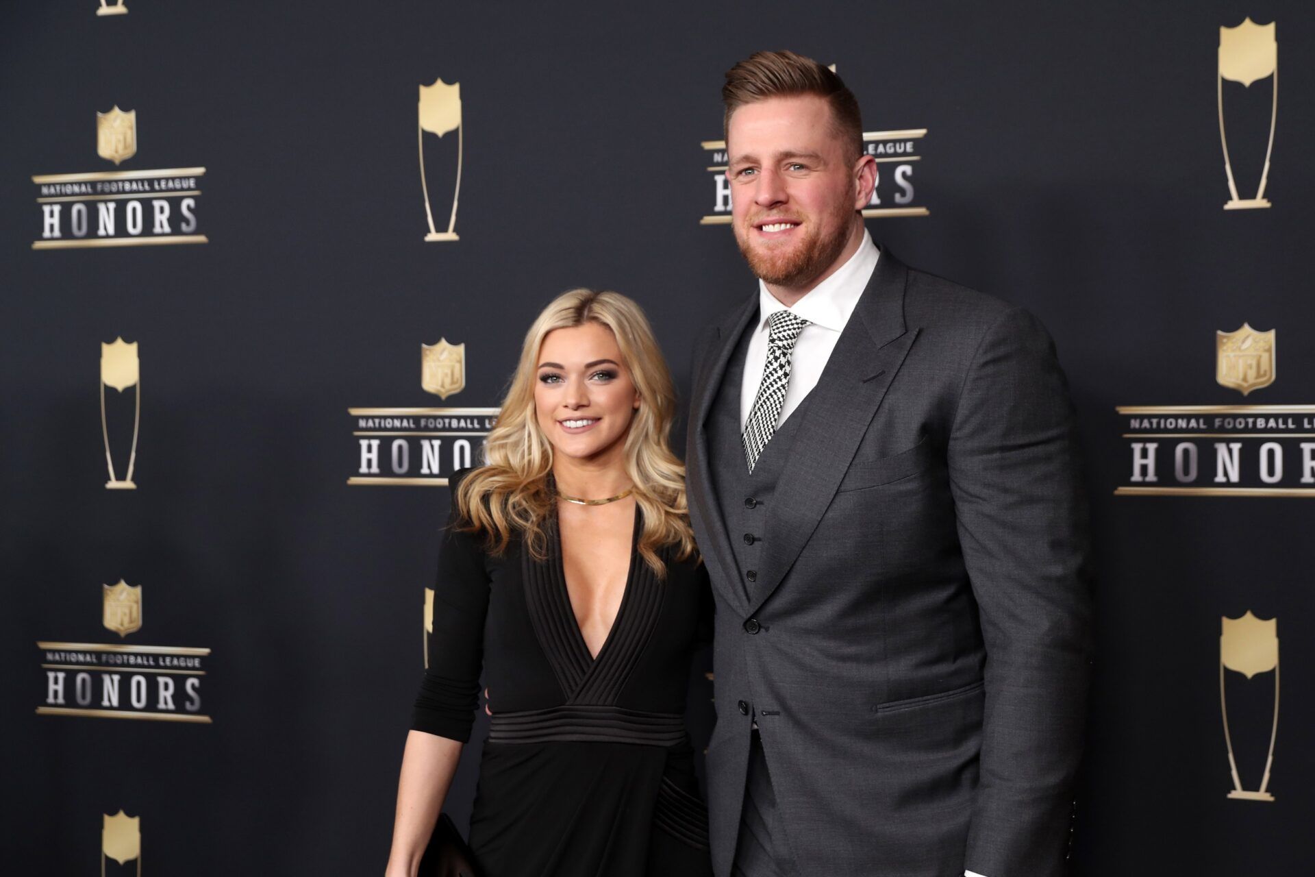 J.J. Watt and Kealia Ohai during red carpet arrivals for the NFL Honors show at Cyrus Northrop Memorial Auditorium at the University of Minnesota.