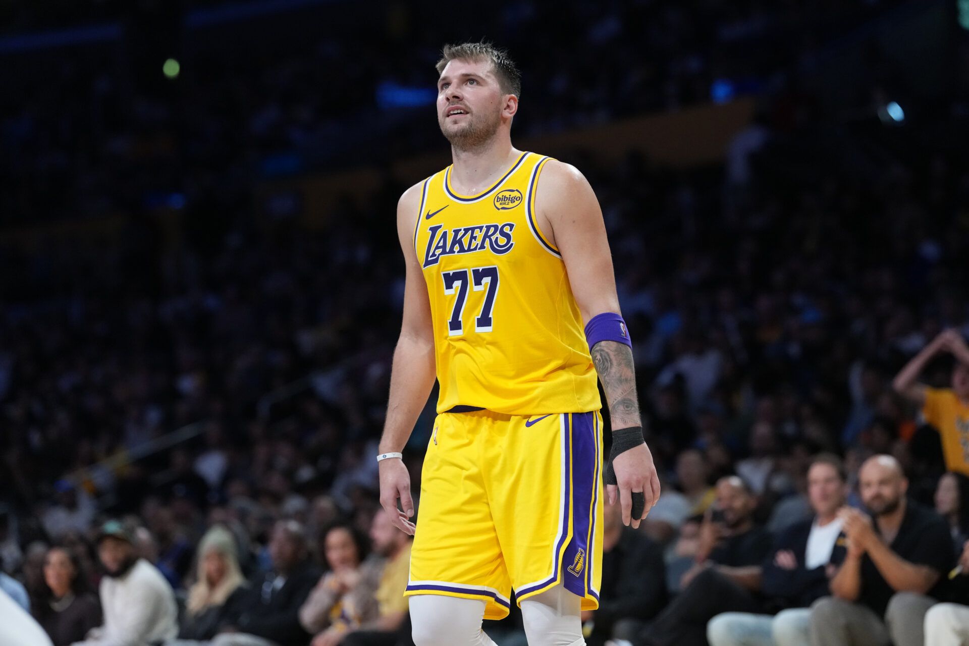 Los Angeles Lakers guard Luka Doncic (77) reacts in the second half against the Minnesota Timberwolves at Crypto.com Arena.