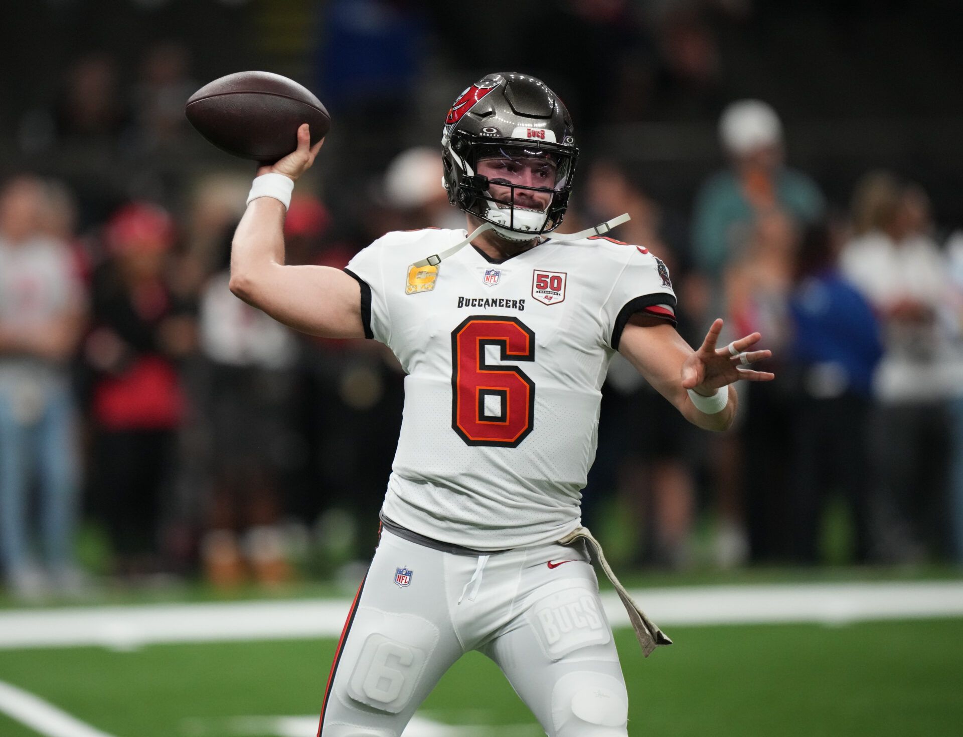 Tampa Bay Buccaneers quarterback Baker Mayfield (6) warms up before a game against the New Orleans Saints  at Caesars Superdome.