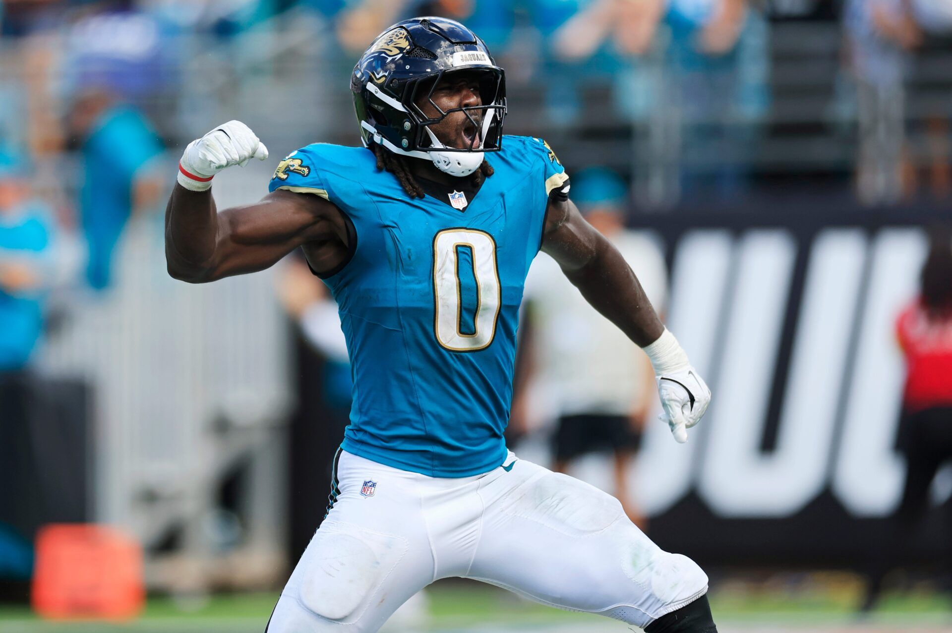Jacksonville Jaguars linebacker Devin Lloyd (0) reacts to his interception during the fourth quarter of an NFL football matchup at EverBank Stadium, Sunday, Sept. 21, 2025, in Jacksonville, Fla. The Jaguars defeated the Texans 17-10. [Corey Perrine/Florida Times-Union]