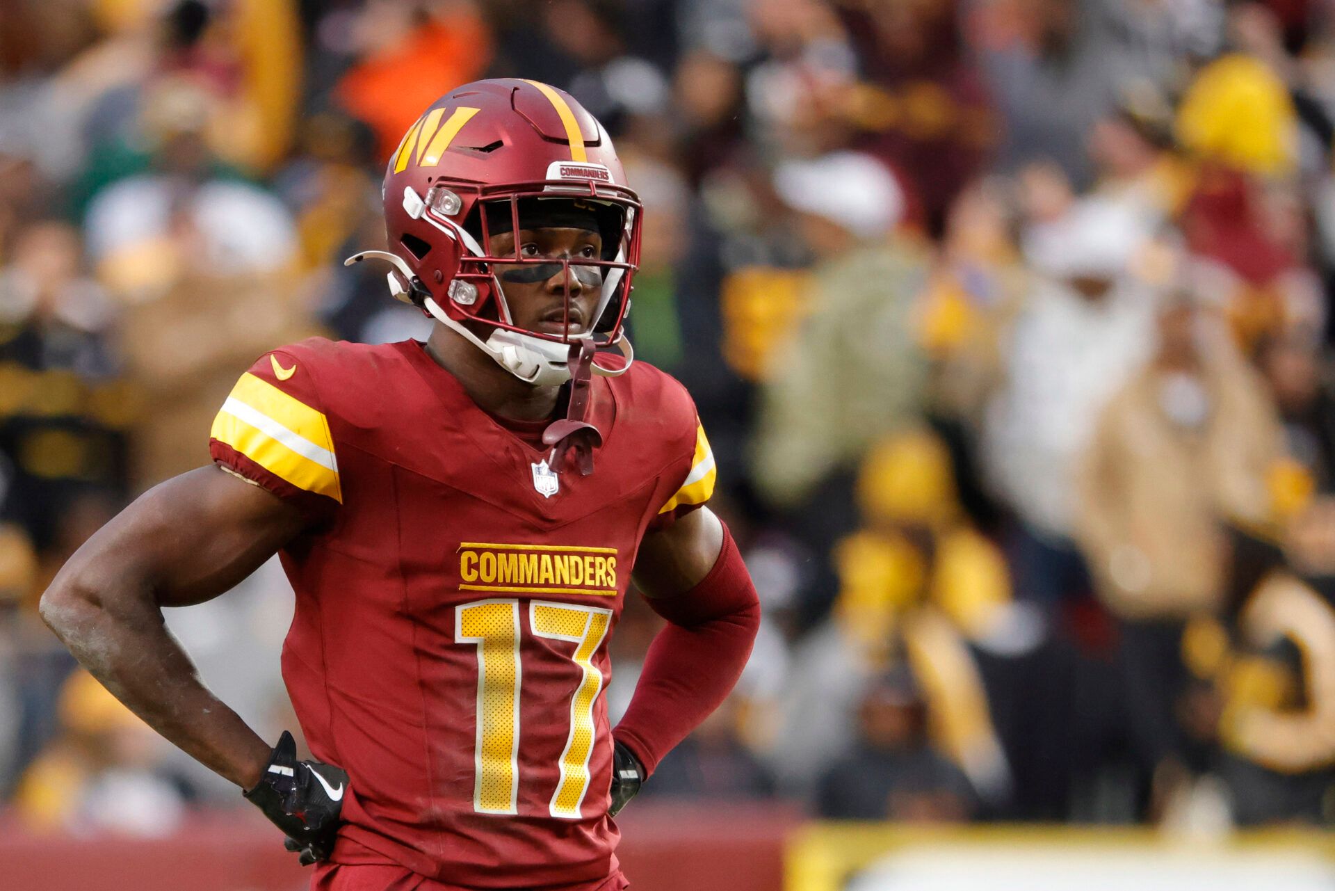 Washington Commanders wide receiver Terry McLaurin (17) looks on from the field during final minute of the game against the Pittsburgh Steelers at Northwest Stadium.