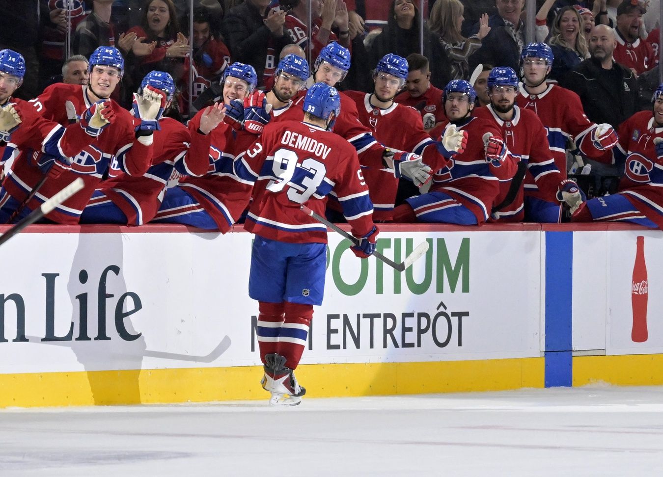 Montreal Canadiens forward Ivan Demidov (93) celebrates with teammates after scoring a goal against the Ottawa Senators during the third period at the Bell Centre.