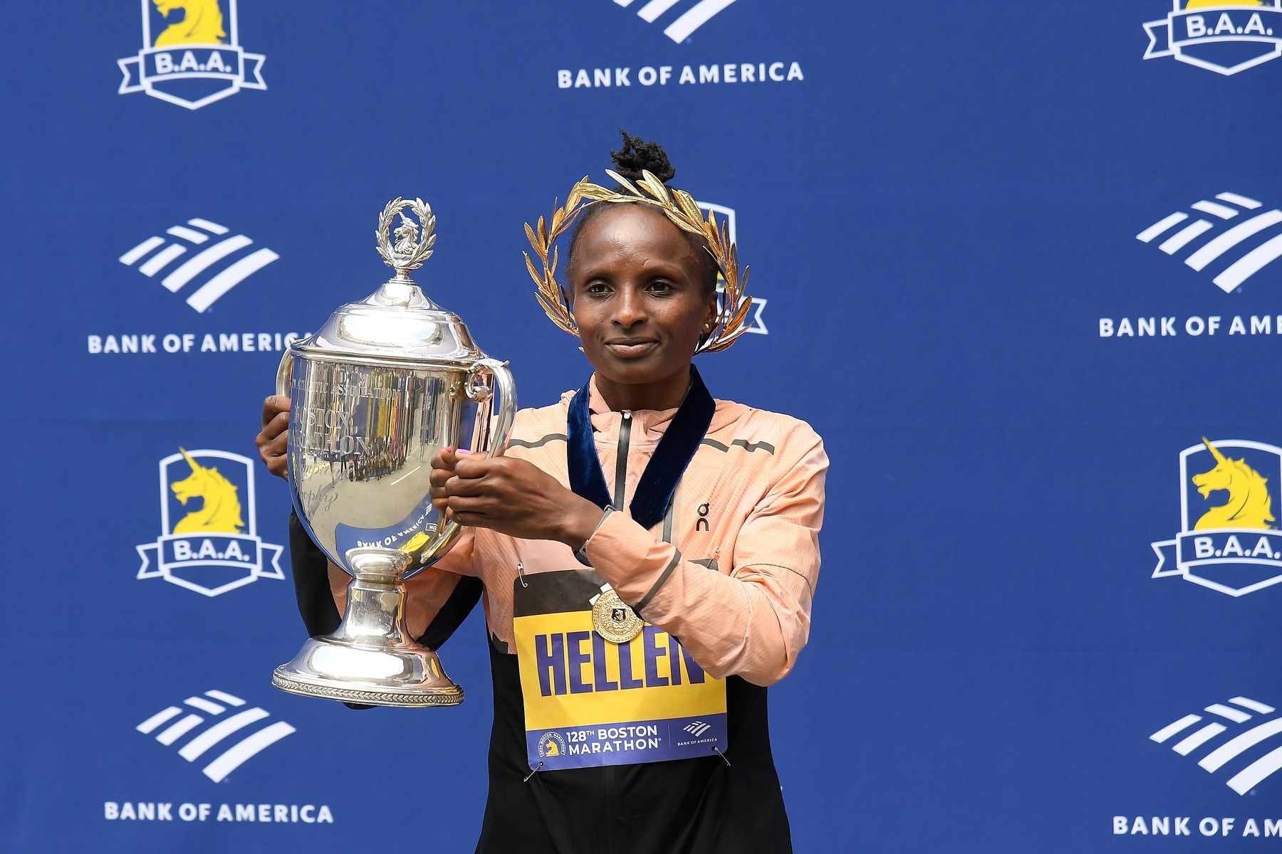 Hellen Obiri of Kenya winning the women's division at the 2024 Boston Marathon.