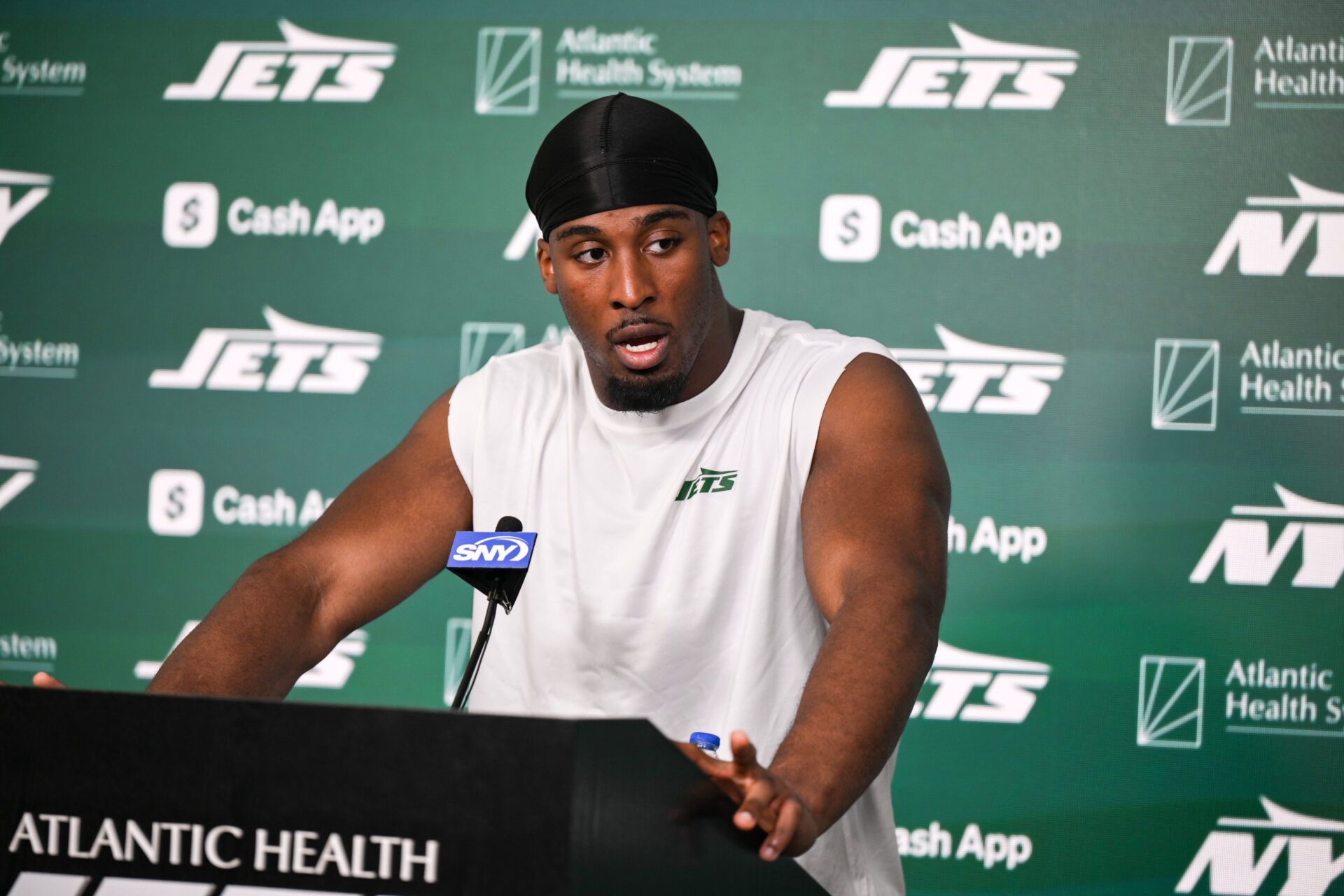 New York Jets running back Breece Hall (20) speaks at a press conference during minicamp at Atlantic Health Jets Training Center.