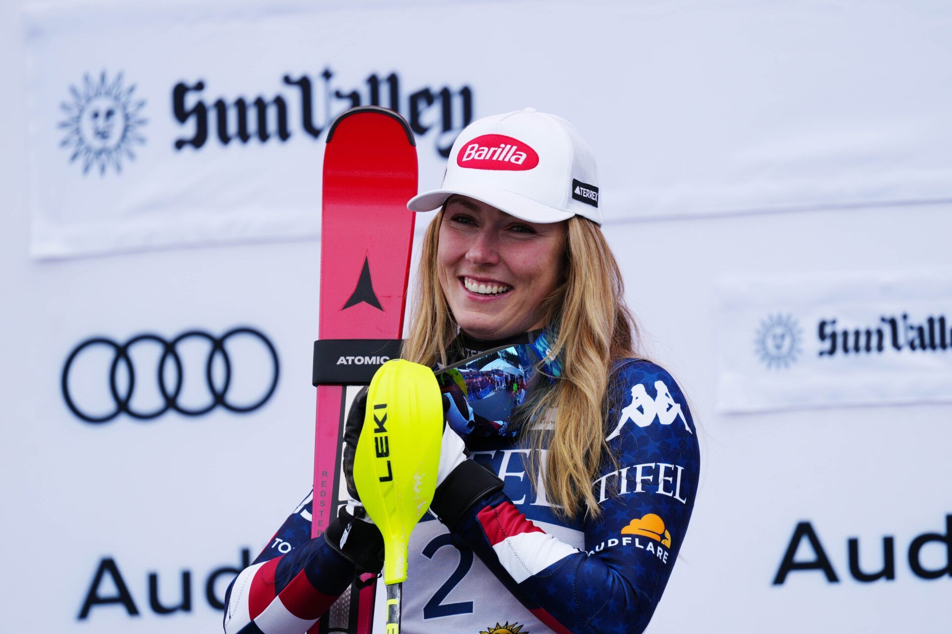 Sun Valley, ID, USA; Race winner Mikaela Shiffrin of the United States celebrates on the podium after winning the slalom alpine skiing race in the 2025 FIS Ski World Cup at Sun Valley.