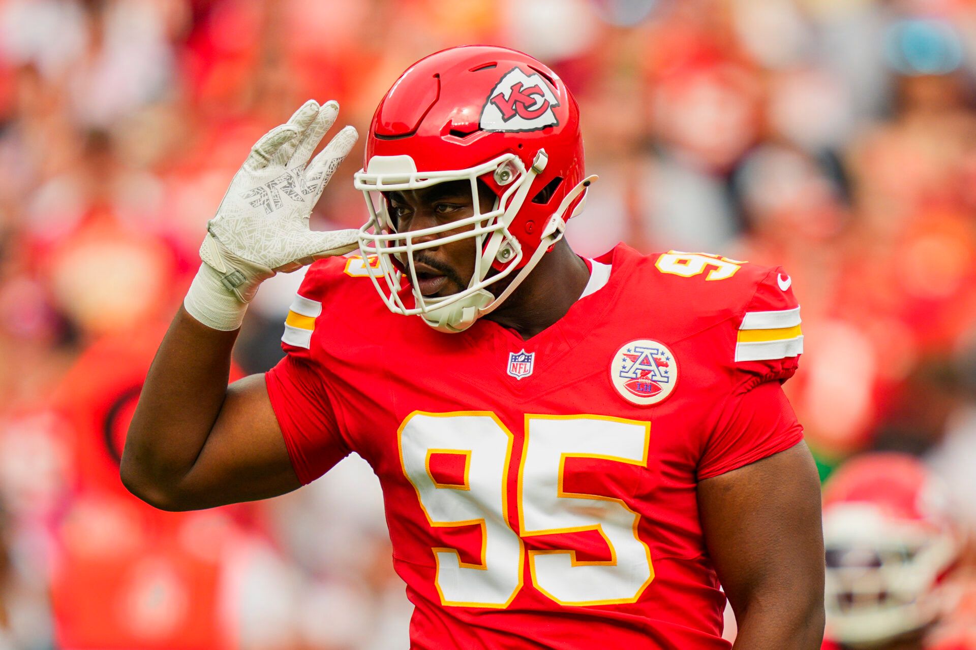 Kansas City Chiefs defensive tackle Chris Jones (95) reacts during the first half against the Philadelphia Eagles at GEHA Field at Arrowhead Stadium.