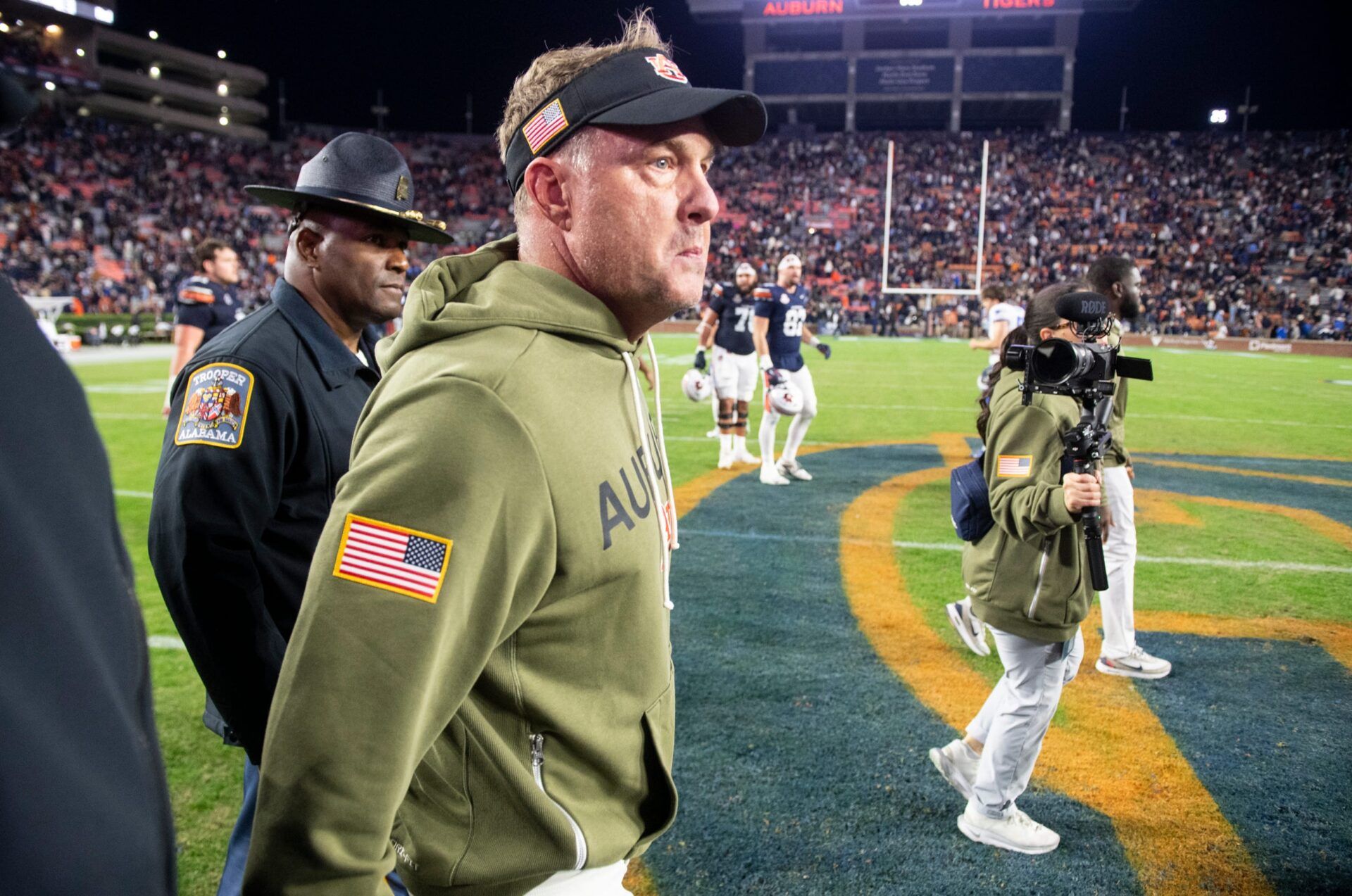 Auburn Tigers head coach Hugh Freeze walks the field after Auburn Tigers take on Kentucky Wildcats at Jordan-Hare Stadium in Auburn, Ala. on Saturday, Nov. 1, 2025. Kentucky Wildcats defeated Auburn Tigers 10-3.
