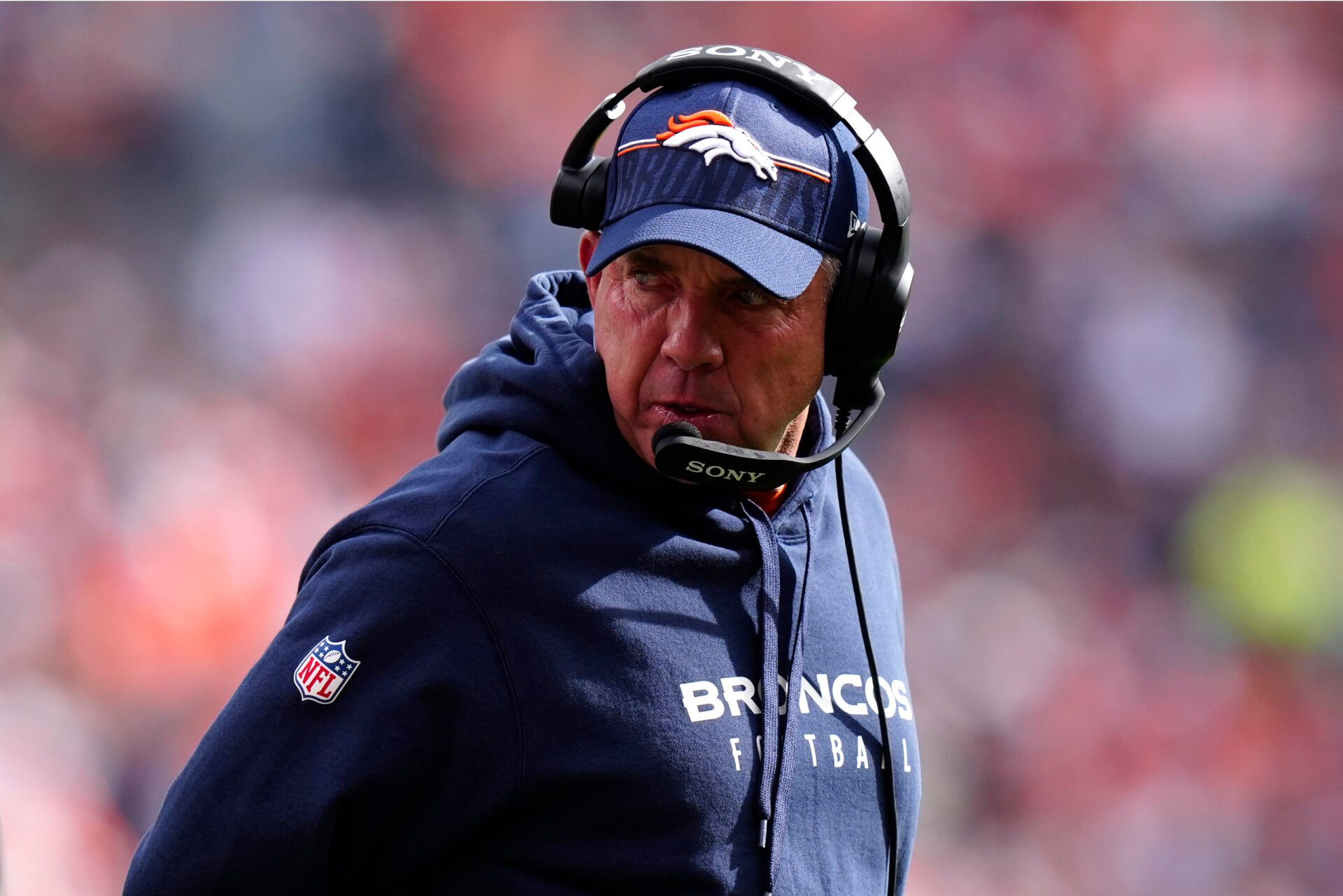 Denver Broncos head coach Sean Payton looks on in the first quarter against the Dallas Cowboys at Empower Field at Mile High.
