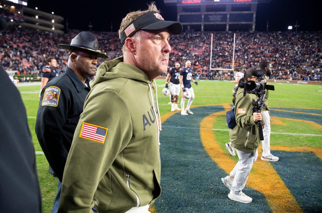 Auburn Tigers head coach Hugh Freeze walks the field after Auburn Tigers take on Kentucky Wildcats at Jordan-Hare Stadium in Auburn, Ala. on Saturday, Nov. 1, 2025. Kentucky Wildcats defeated Auburn Tigers 10-3.
