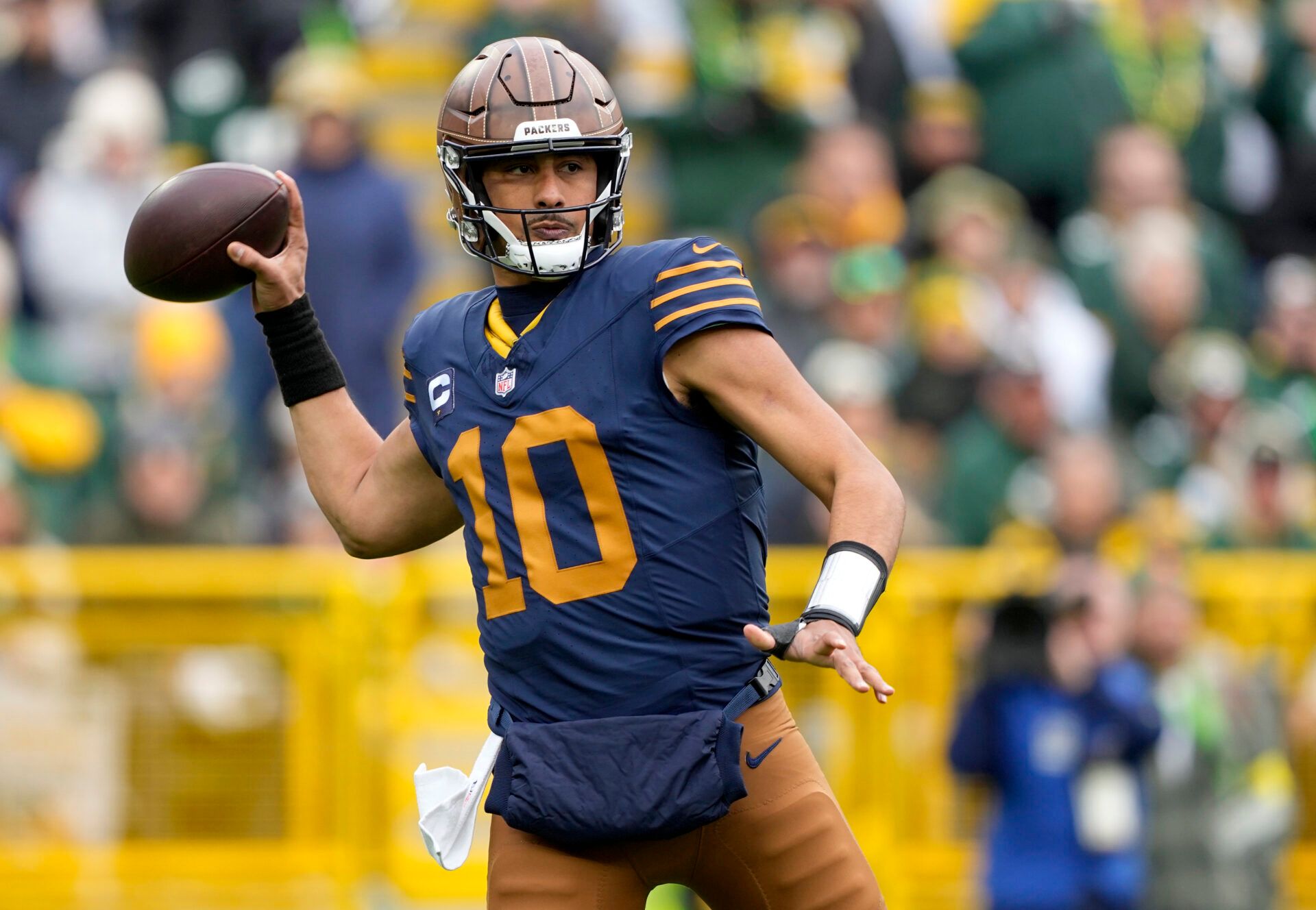 Green Bay Packers quarterback Jordan Love (10) throws during the first half against the Carolina Panthers at Lambeau Field.
