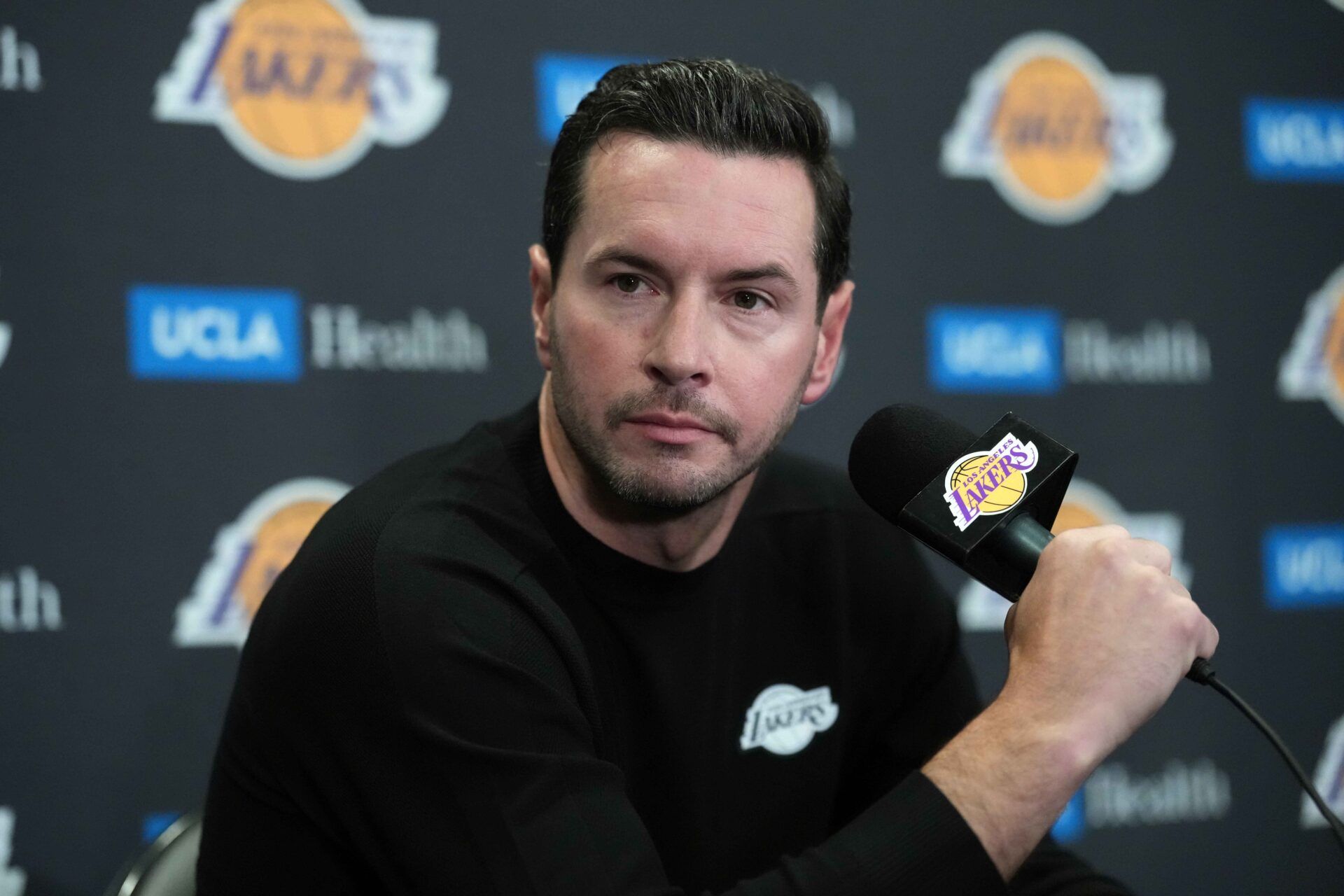 Los Angeles Lakers head coach JJ Redick at a press conference at Crypto.com Arena.