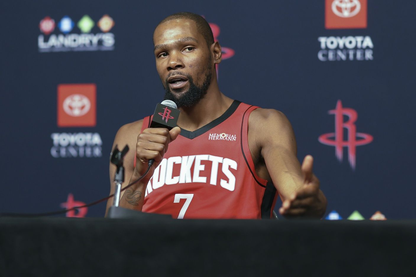 Houston Rockets forward Kevin Durant (7) talks to media during Houston Rockets media day at Toyota Center.