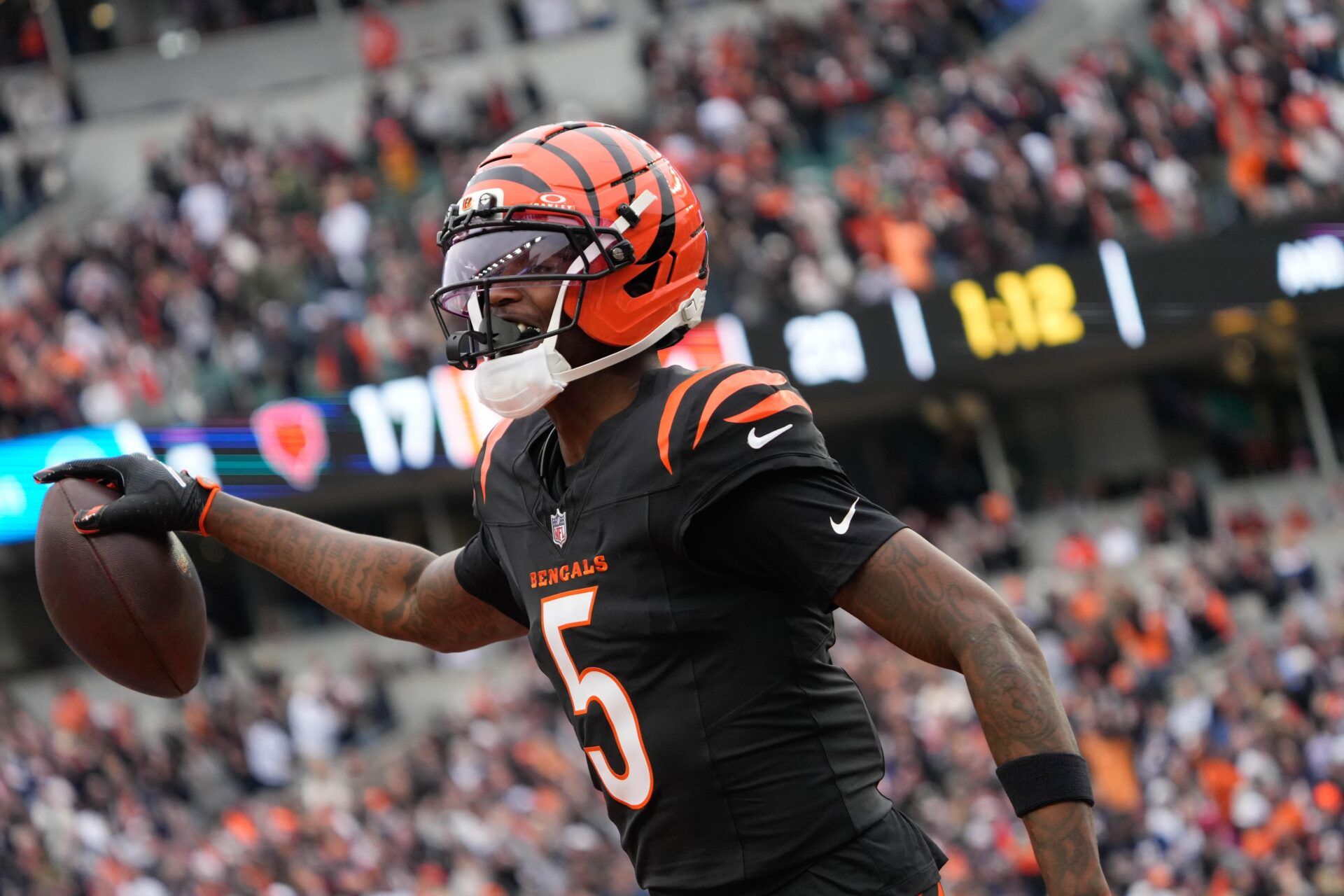 Bengals Tee Higgins (5) celebrates a touchdown during their game against the Bears at Paycor Stadium on Sunday November 2, 2025.