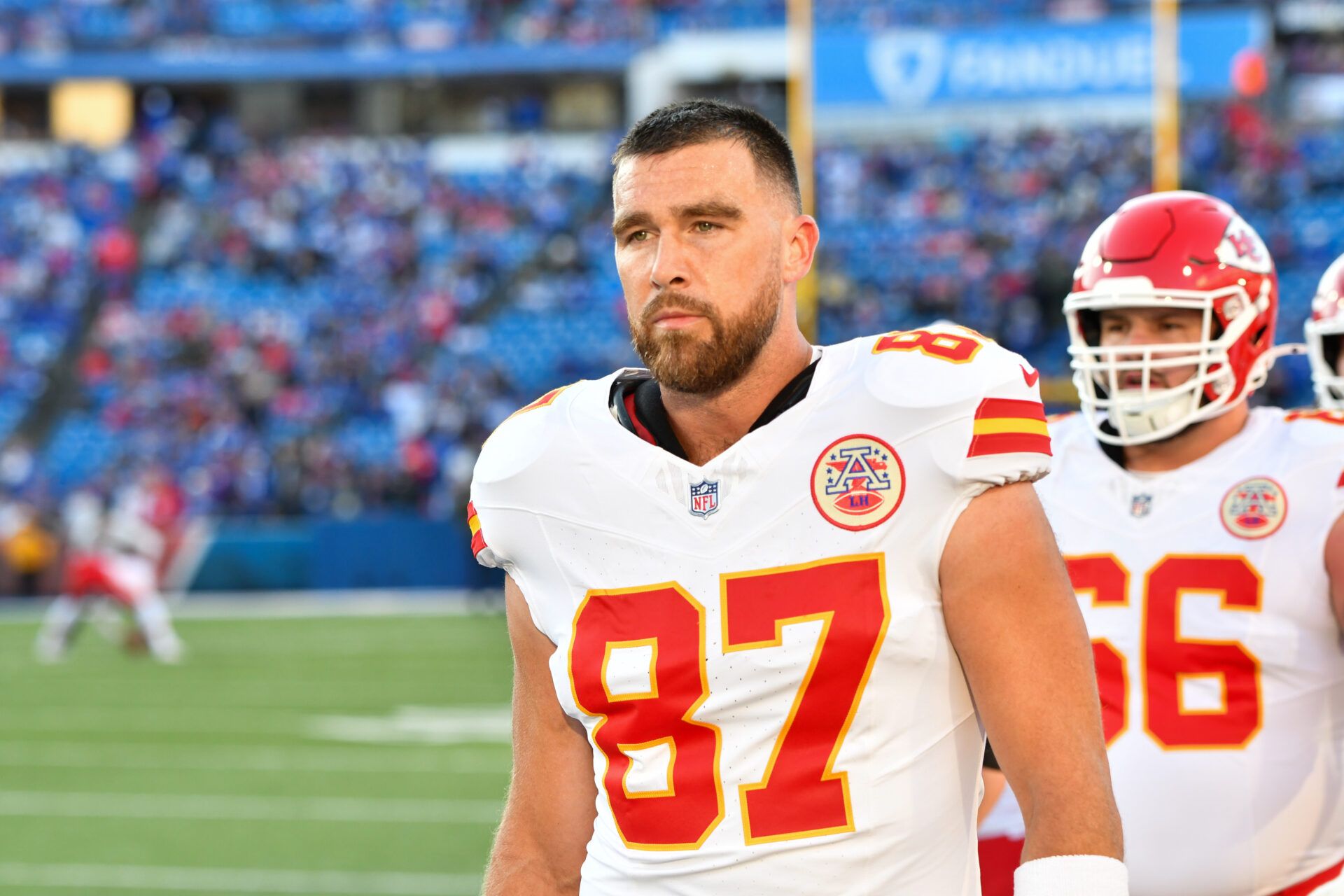 Kansas City Chiefs tight end Travis Kelce (87) walks the sideline before the game against the Buffalo Bills at Highmark Stadium.