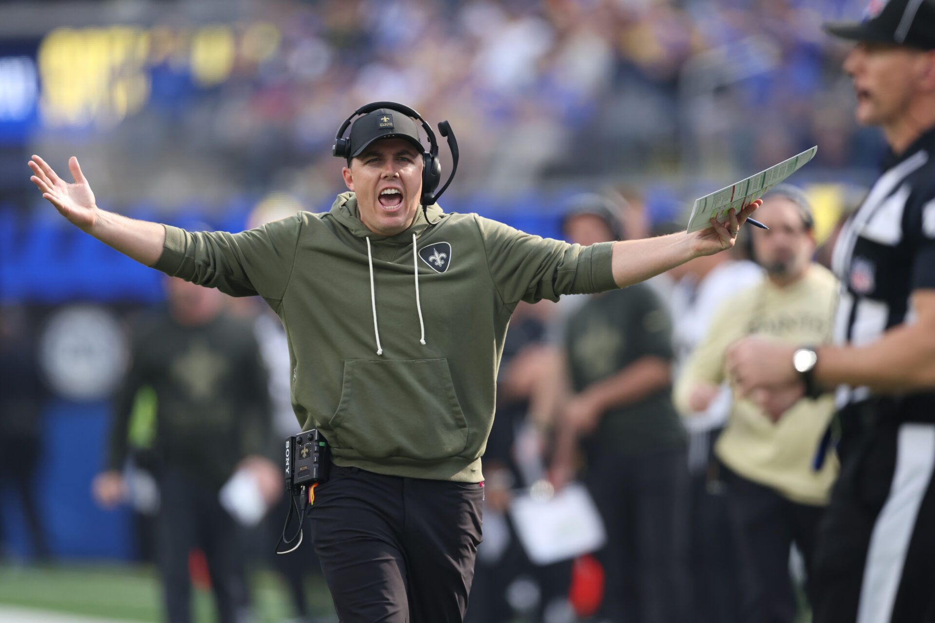 New Orleans Saints head coach Kellen Moore reacts on the sidelines during the first half against the Los Angeles Rams at SoFi Stadium.