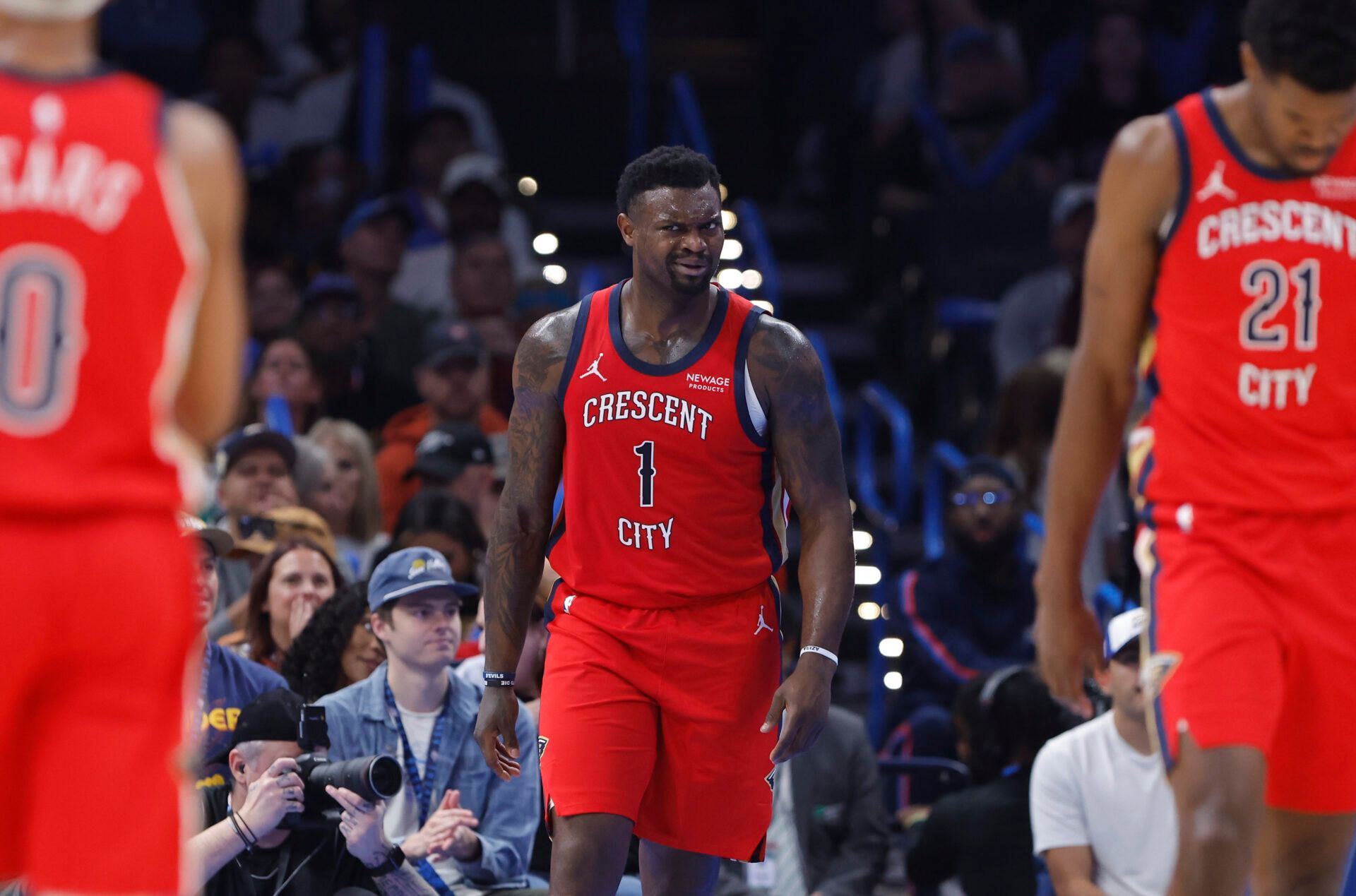 New Orleans Pelicans forward Zion Williamson (1) reacts after a call against him following a play against the Oklahoma City Thunder during the second quarter at Paycom Center.