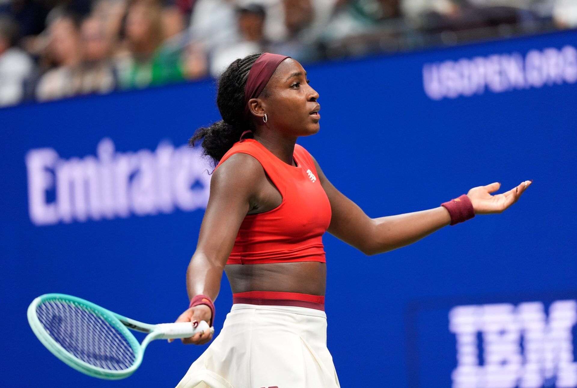 Coco Gauff (USA) after a miss to Donna Vekic (CRO) (not pictured) on day five of the 2025 U.S. Open tennis tournament at the USTA Billie Jean King National Tennis Center.