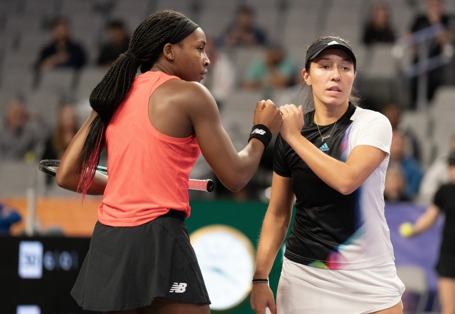 Jessica Pegula (USA) and Coco Gauff (USA) in their doubles match against Barbora Krejcikova (CZE) and Katerina Siniakova (CZE) on day five of the WTA Finals at Dickies Arena.