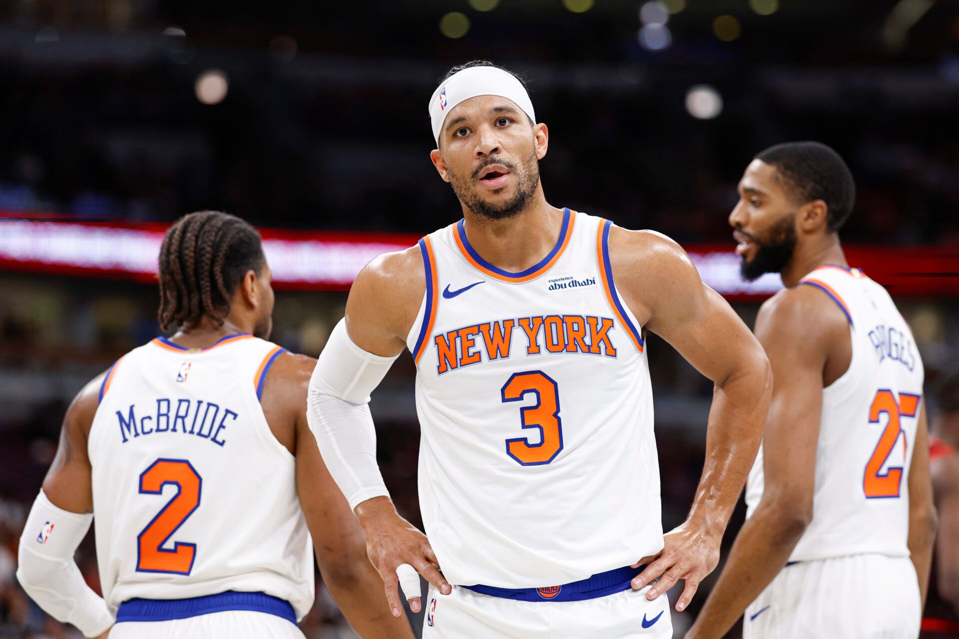 New York Knicks guard Josh Hart (3) reacts during the first half of an NBA game against the Chicago Bulls at United Center.