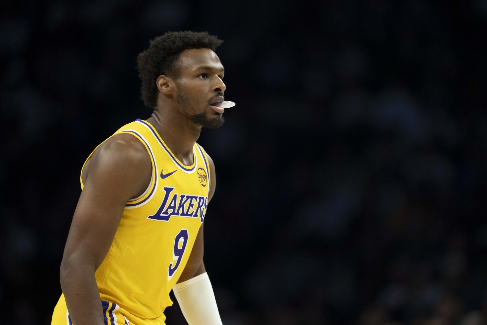 Los Angeles Lakers guard Bronny James (9) looks on against the Minnesota Timberwolves in the first half at Target Center.