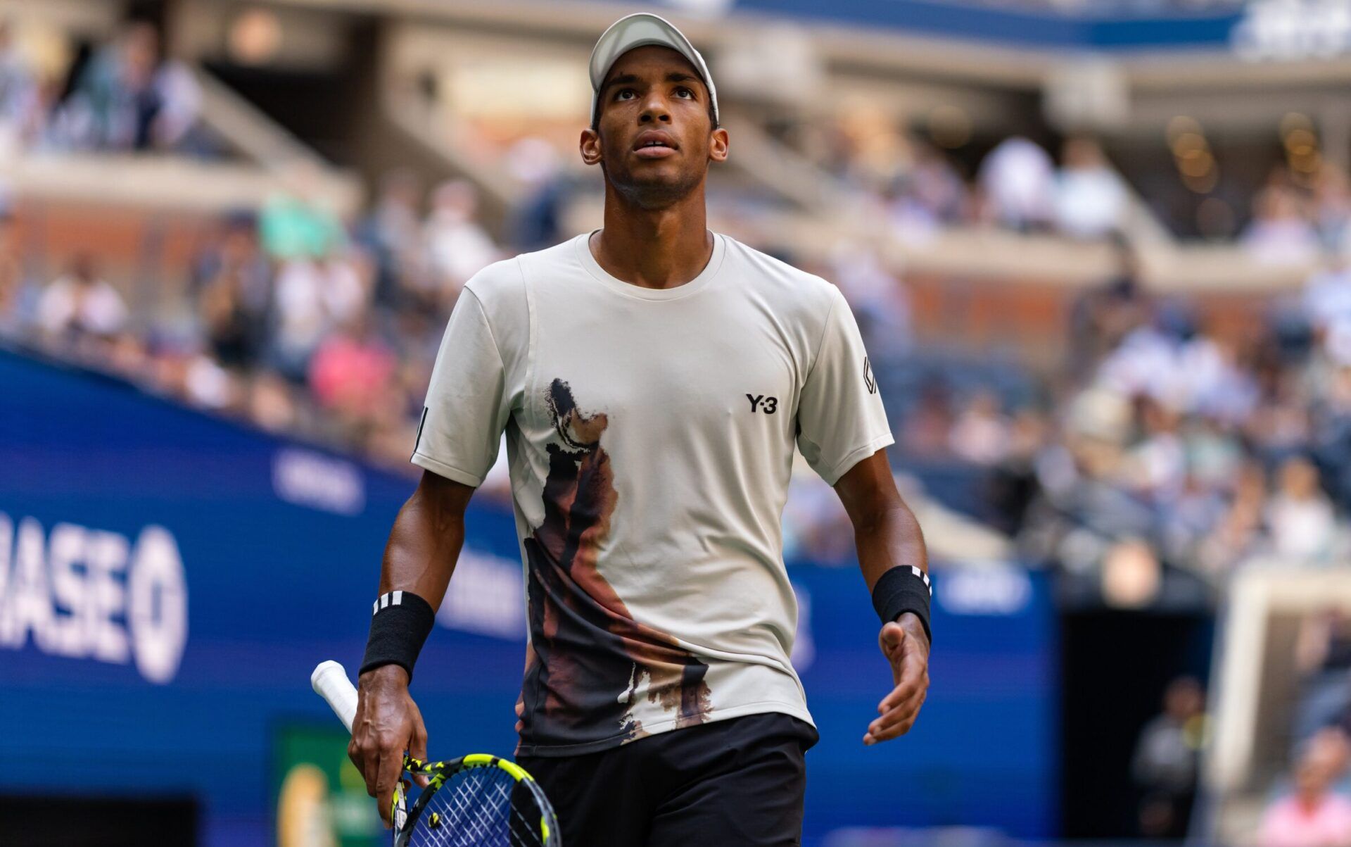 Felix Auger-Aliassime of Canada in action against Alex de Minaur of Australia in the quarterfinal of the mens singles at the US Open at Arthur Ashe Stadium in Billie Jean King National Tennis Center.