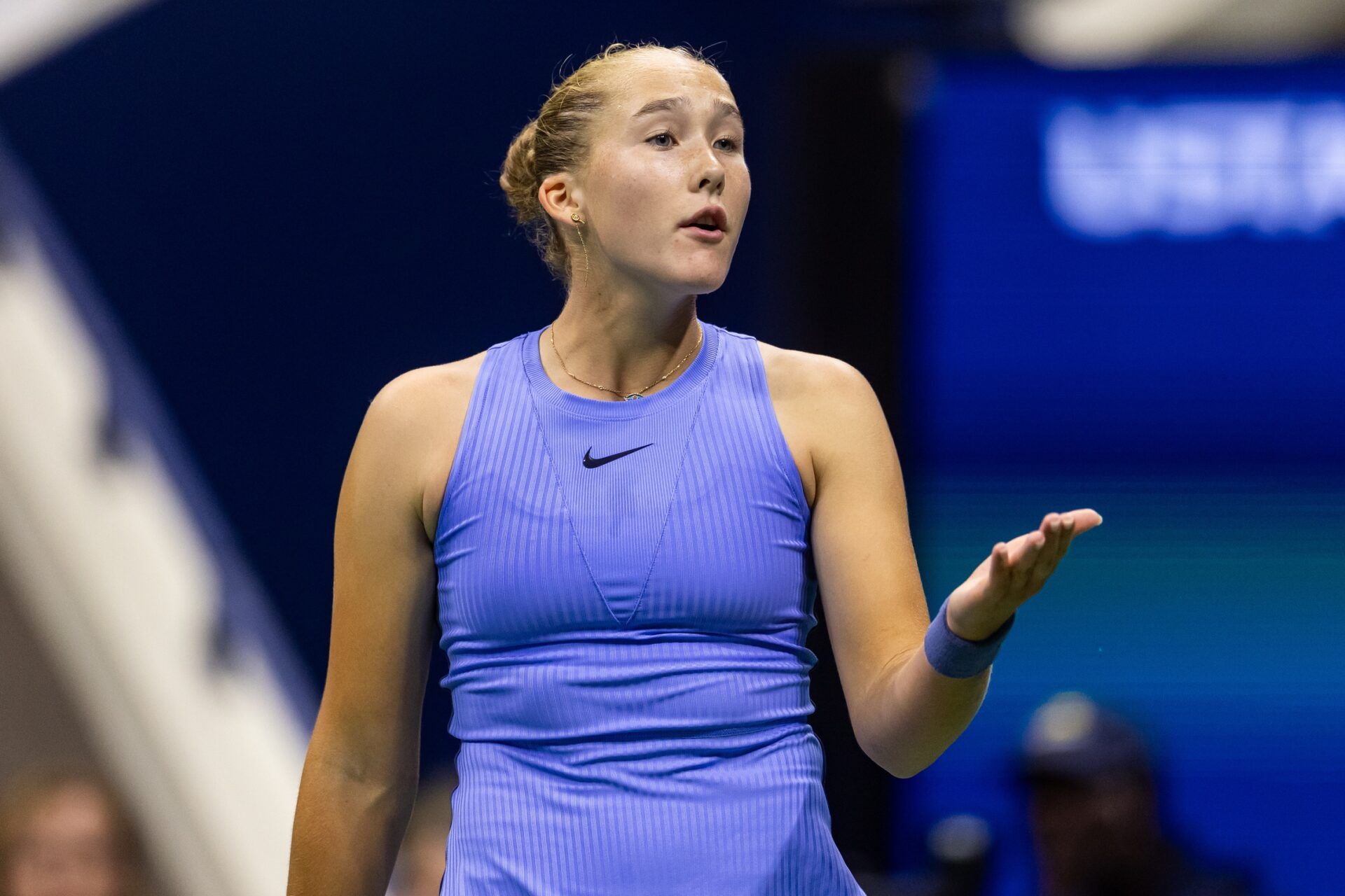 Mirra Andreeva of Russia in action against Taylor Townsend of the United States in the third round of the women’s singles at the US Open at Arthur Ashe Stadium in Billie Jean King National Tennis Center.