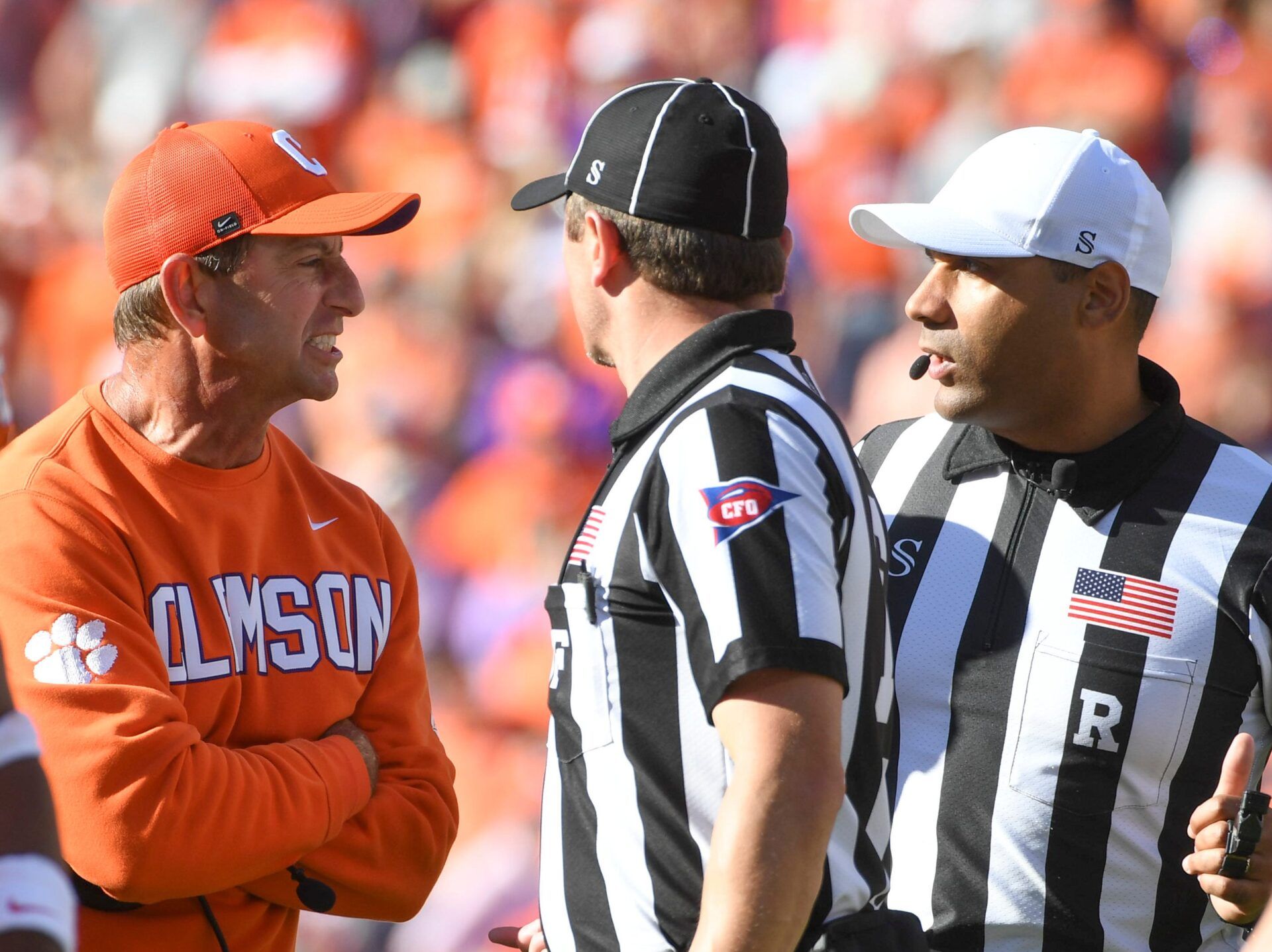 Clemson Tigers head coach Dabo Swinney talks to officials Saturday, Nov. 1, 2025, during the NCAA football game against the Duke Blue Devils at Memorial Stadium in Clemson, South Carolina.