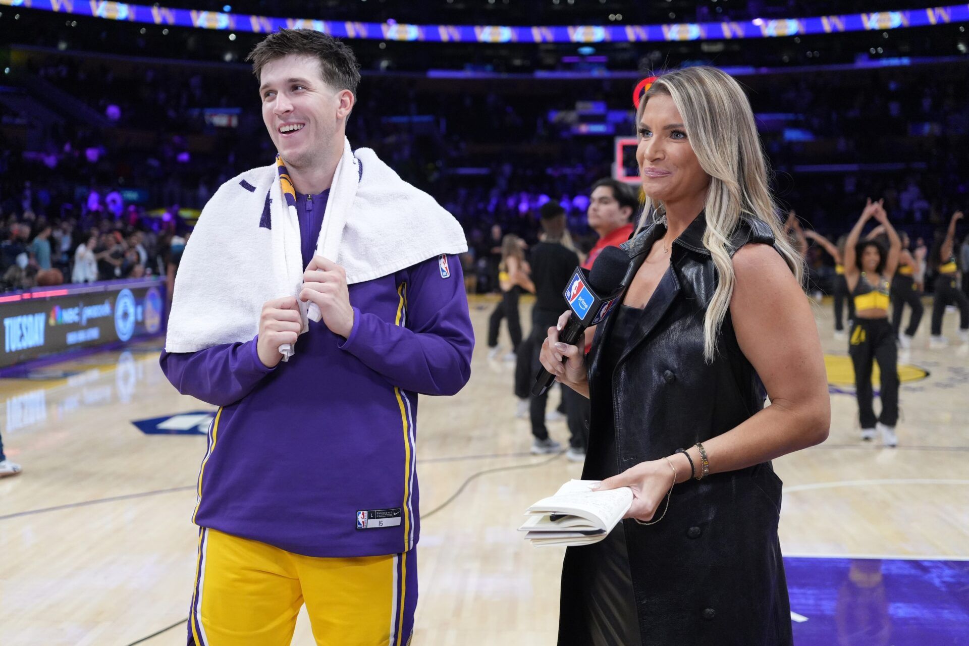 NBA on Prime reporter Allie Clifton (right) interviews Los Angeles Lakers guard Austin Reaves (15) after the game against the Minnesota Timberwolves at Crypto.com Arena.