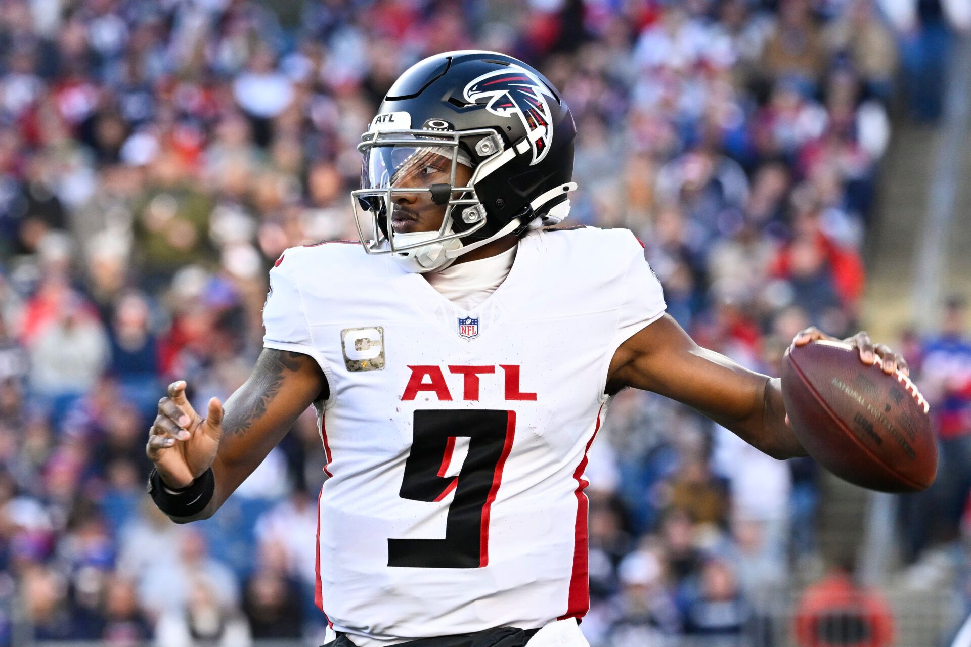 Atlanta Falcons quarterback Michael Penix Jr. (9) passes against the New England Patriots during the third quarter at Gillette Stadium.