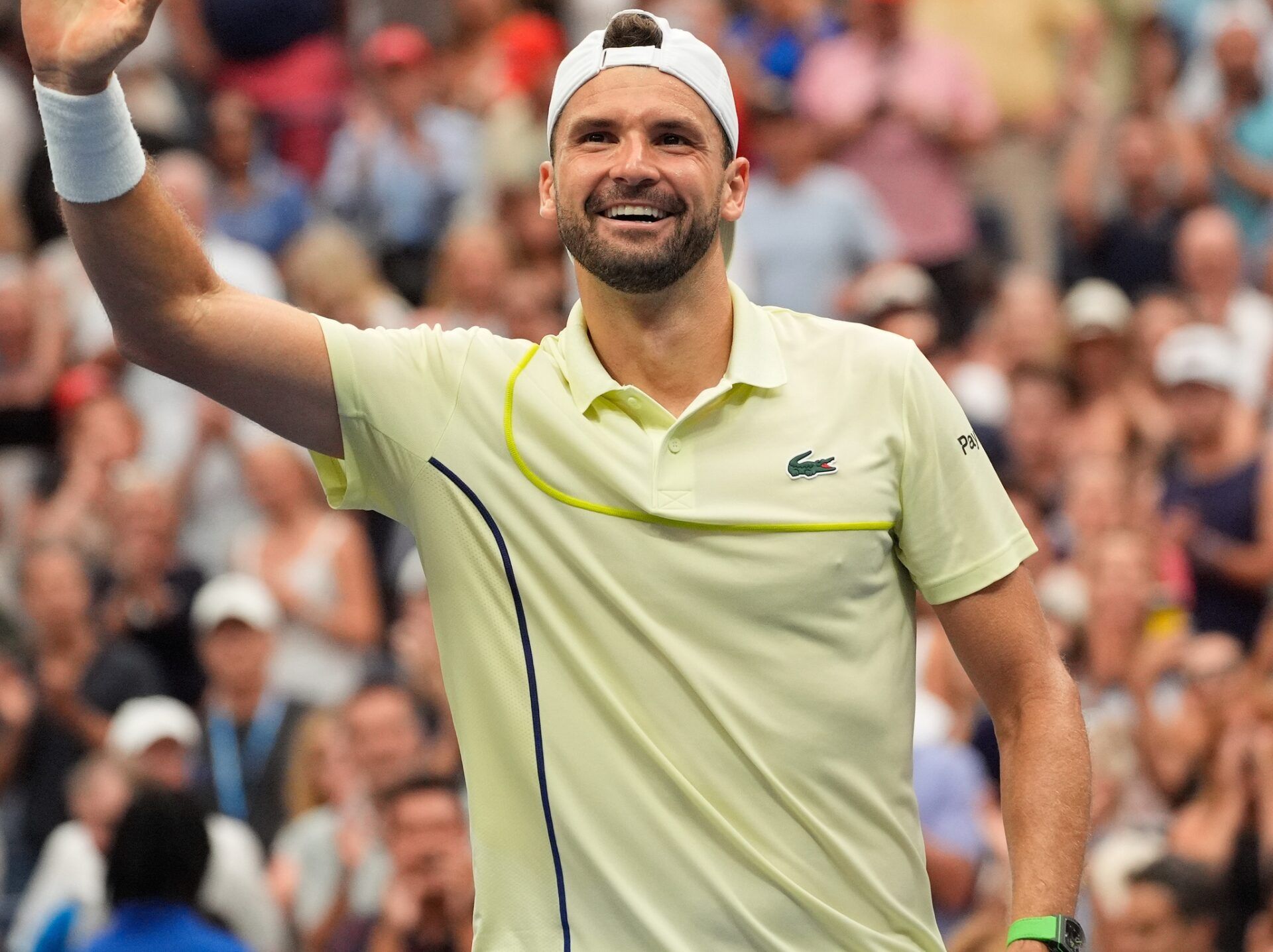 Grigor Dimitrov (BUL) after beating Andrey Rublev on day seven of the 2024 U.S. Open tennis tournament at USTA Billie Jean King National Tennis Center.