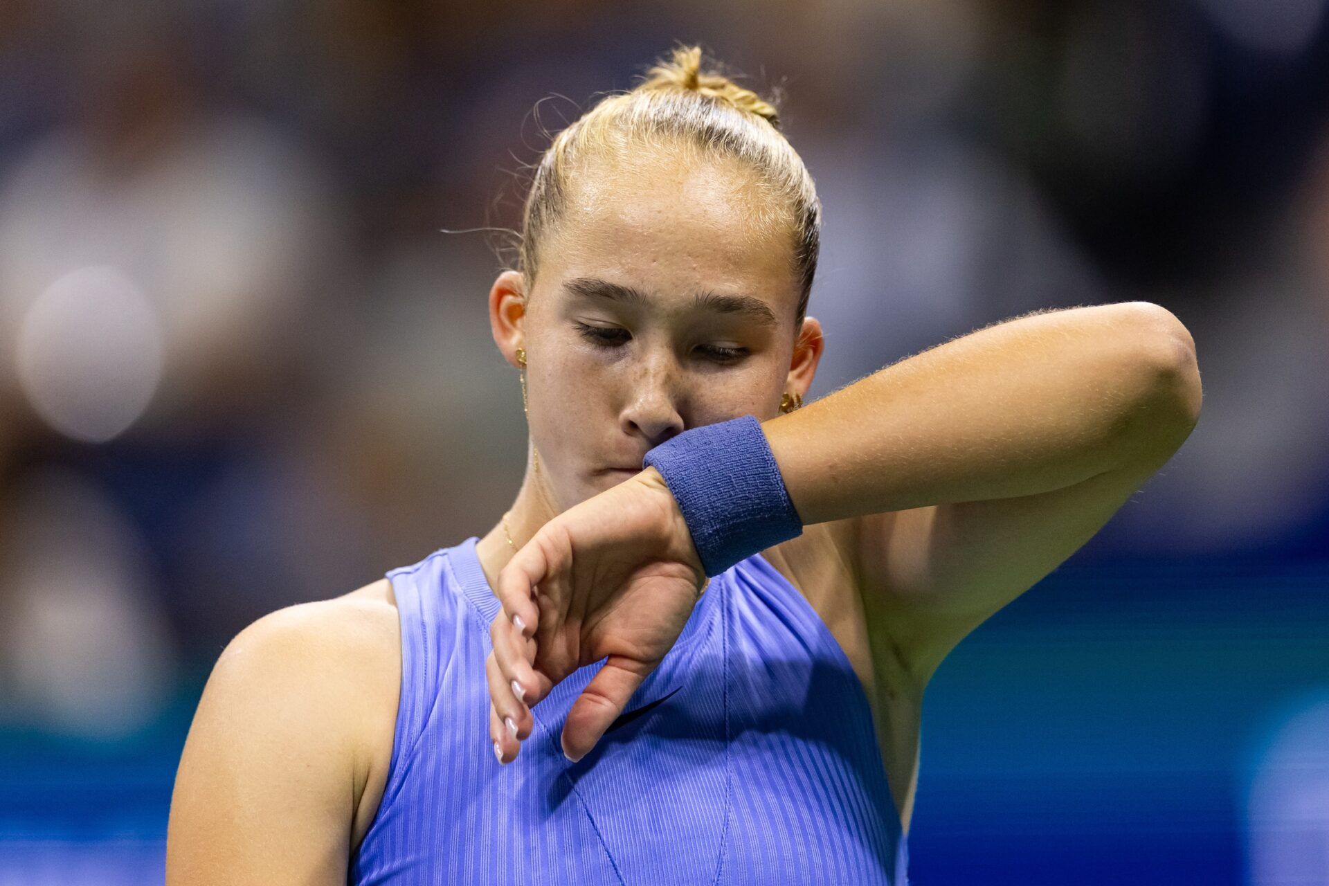 Mirra Andreeva of Russia in action against Taylor Townsend of the United States in the third round of the women’s singles at the US Open at Arthur Ashe Stadium in Billie Jean King National Tennis Center.