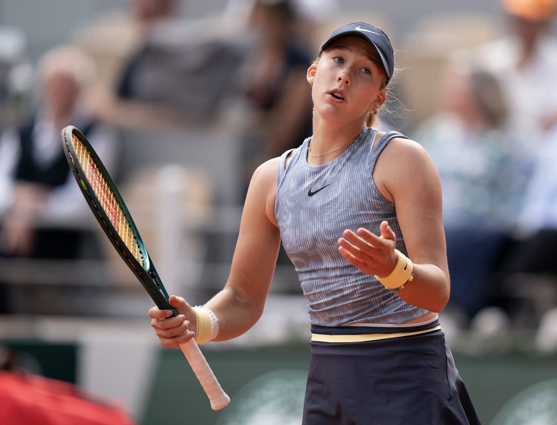 Mirra Andreeva reacts to a point during her match against Jasmine Paolini of Italy on day 12 of Roland Garros at Stade Roland Garros.