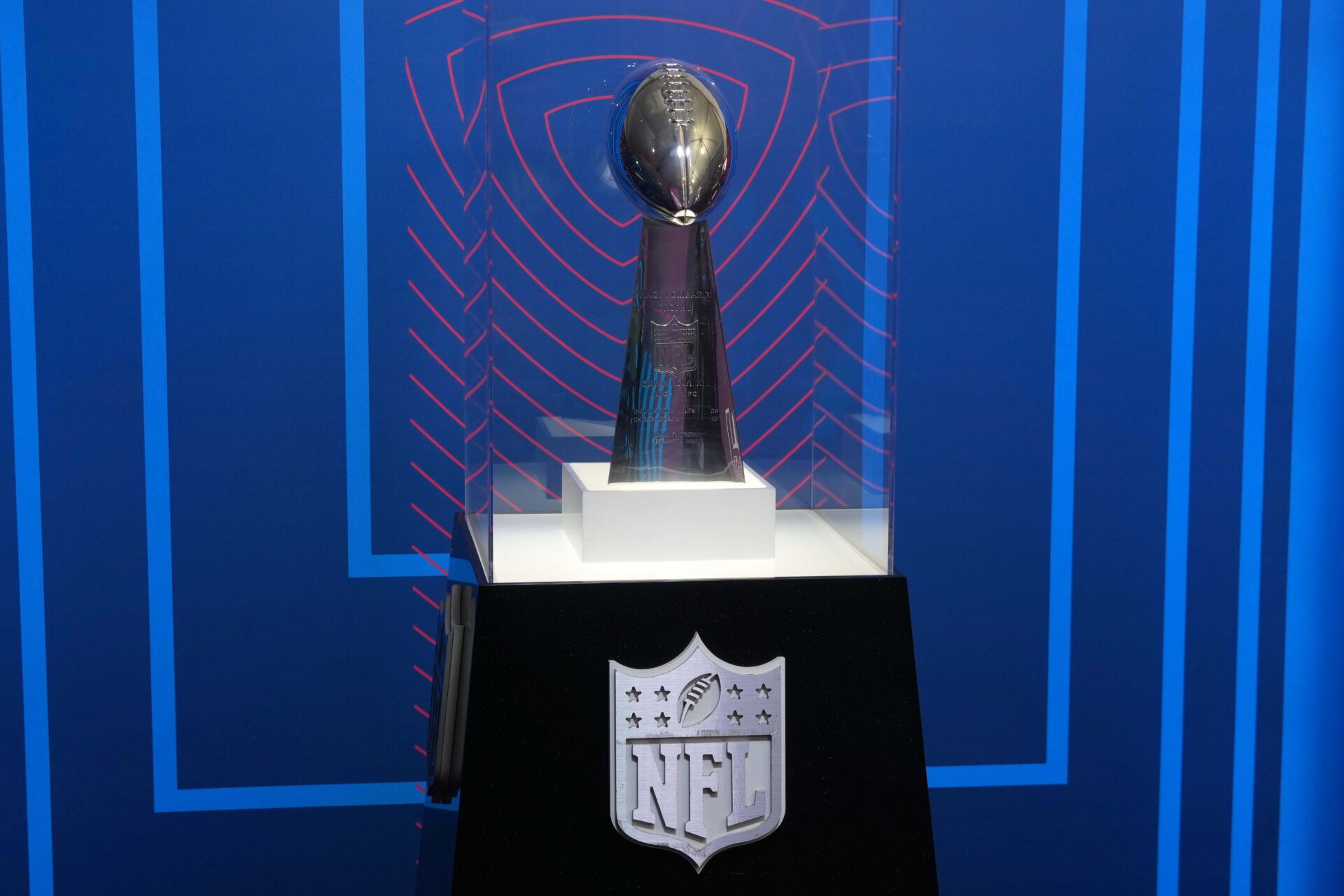 A Super Bowl Vince Lombardi Trophy at the 2025 NFL Scouting Combine Experience at Lucas Oil Stadium.