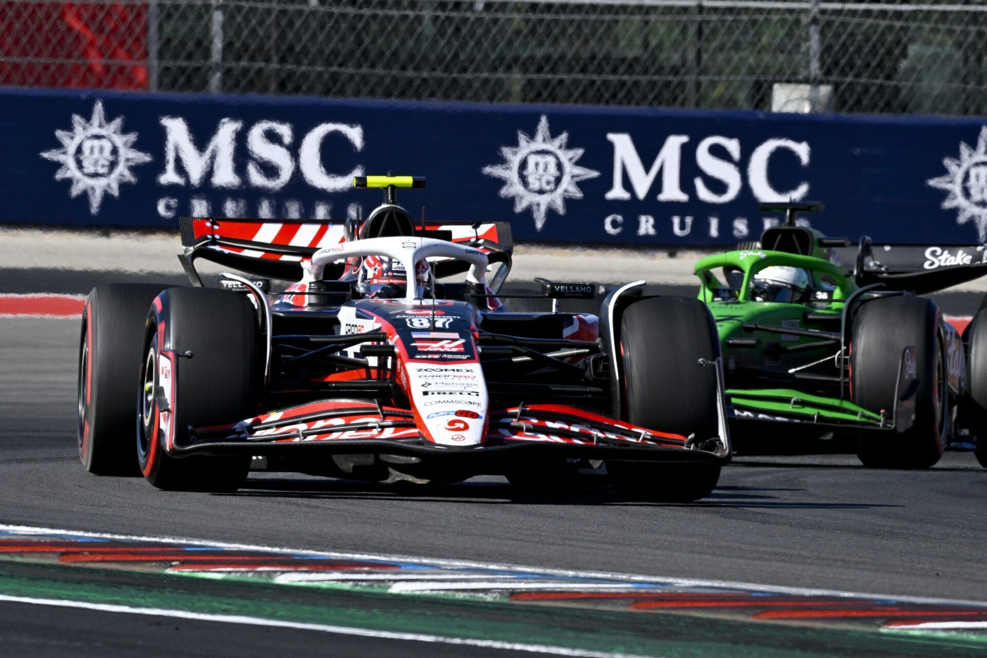 MoneyGram Haas F1 driver Oliver Bearman (87) of Team France drives during the 2025 US Grand Prix at Circuit of The Americas in Austin, Texas.