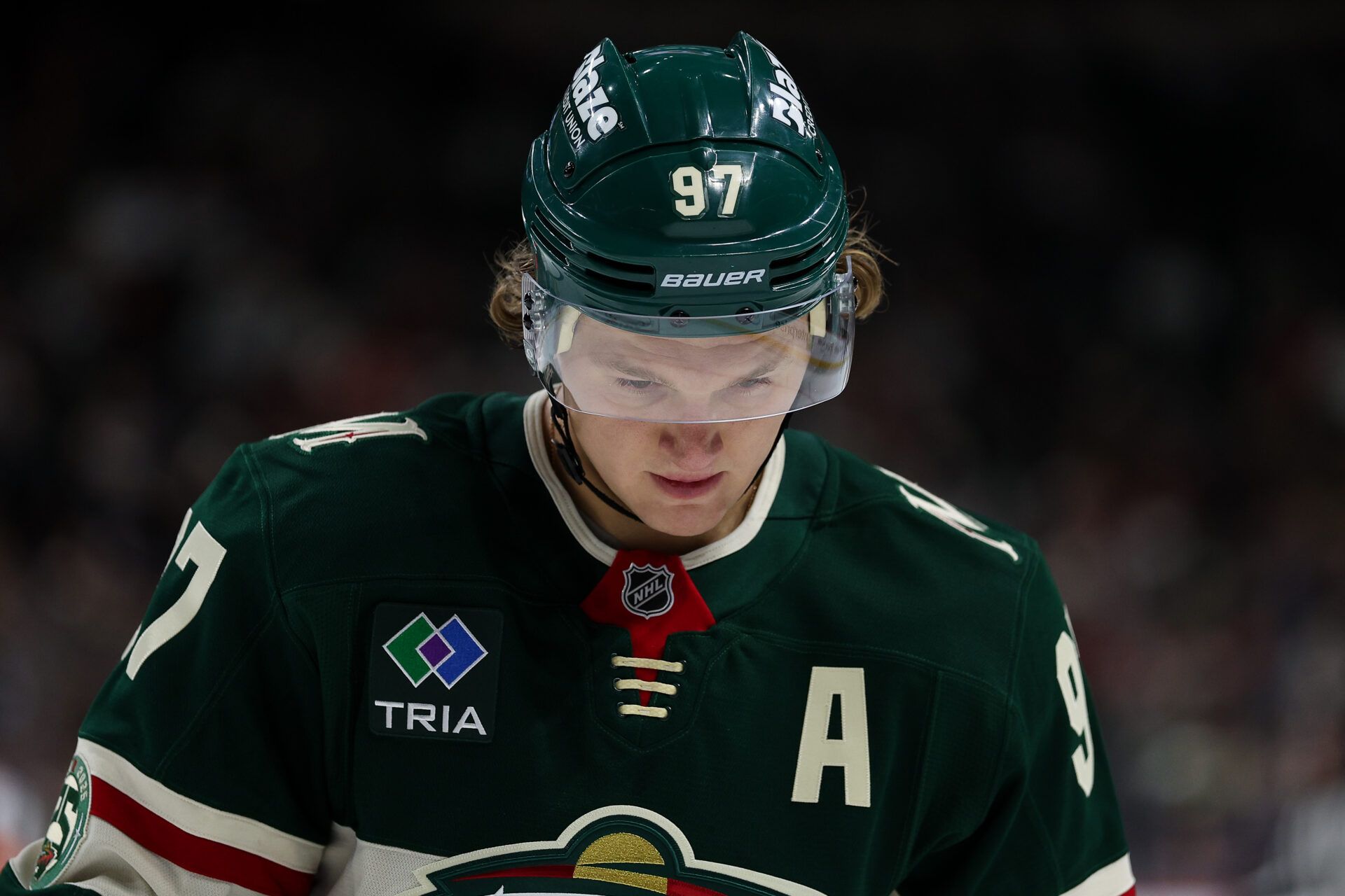 Minnesota Wild left wing Kirill Kaprizov (97) looks on during the second period against the Pittsburgh Penguins at Grand Casino Arena.