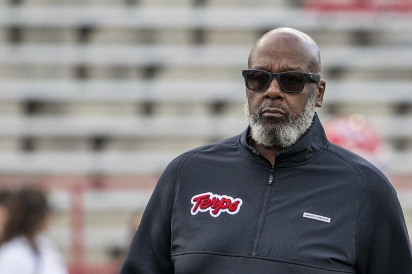 Maryland Terrapins head coach Mike Locksley stands on the field before the game against the Indiana Hoosiers at SECU Stadium.