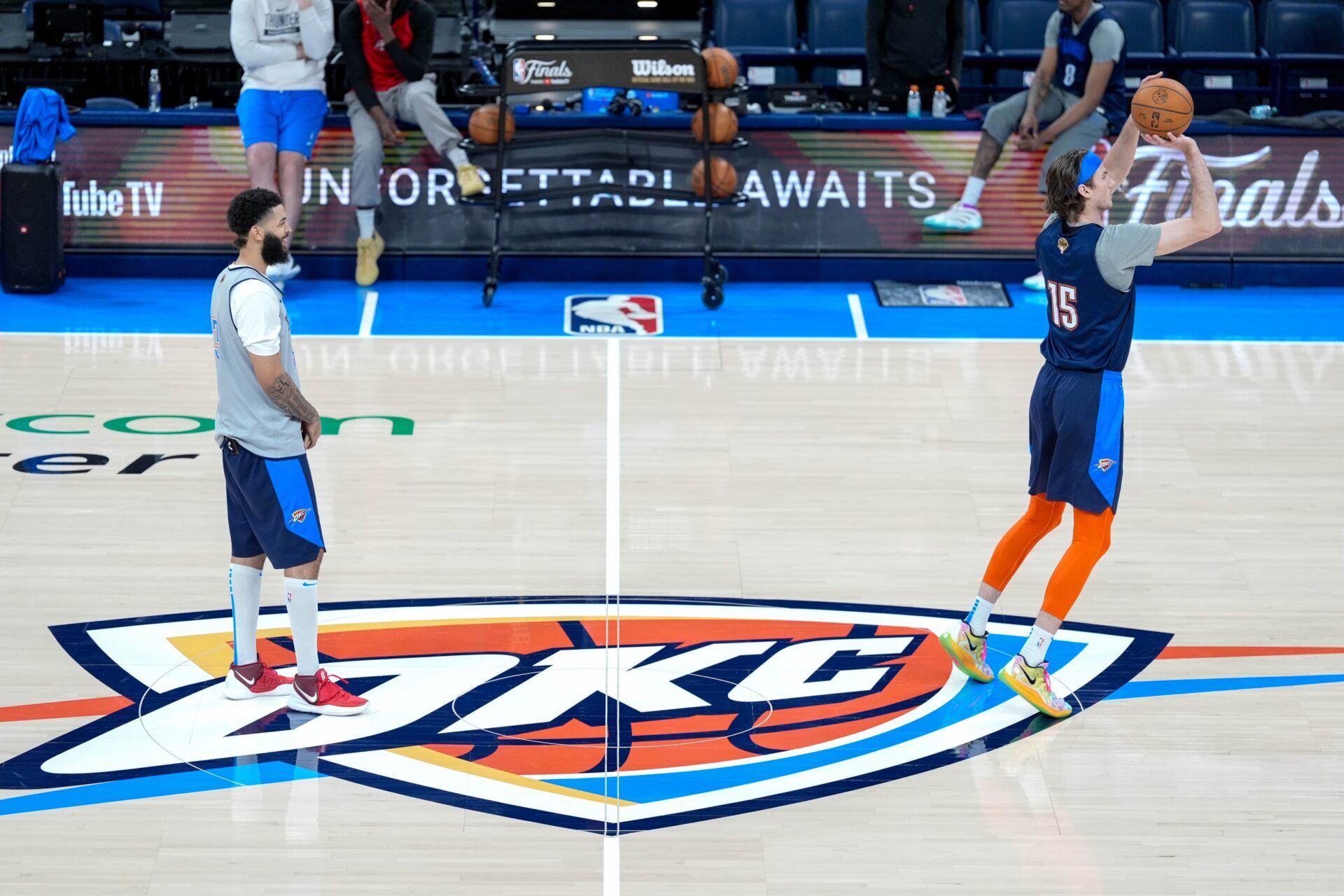 Oklahoma City center Branden Carlson (15) shoots from the logo during an NBA Finals practice session ahead of Game 2 at Paycom Center Oklahoma City, on Saturday, June 7, 2025.