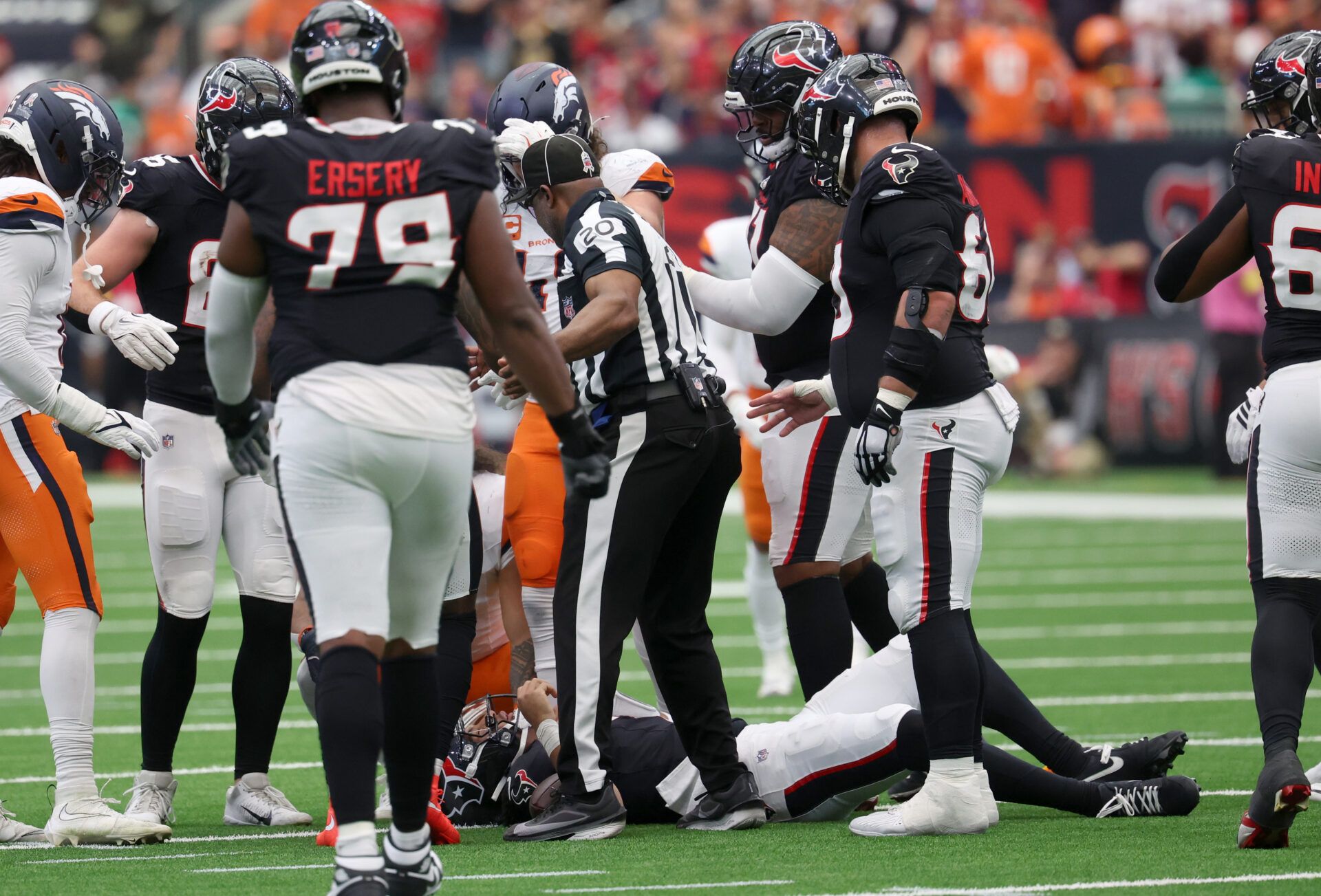 Houston Texans quarterback C.J. Stroud (7) is injured during the first half against the Denver Broncos at NRG Stadium.