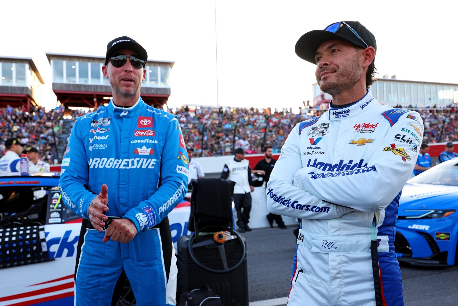 NASCAR Cup Series driver Kyle Larson (5) and NASCAR Cup Series driver Denny Hamlin (11) before the NASCAR All-Star Open at North Wilkesboro Speedway.