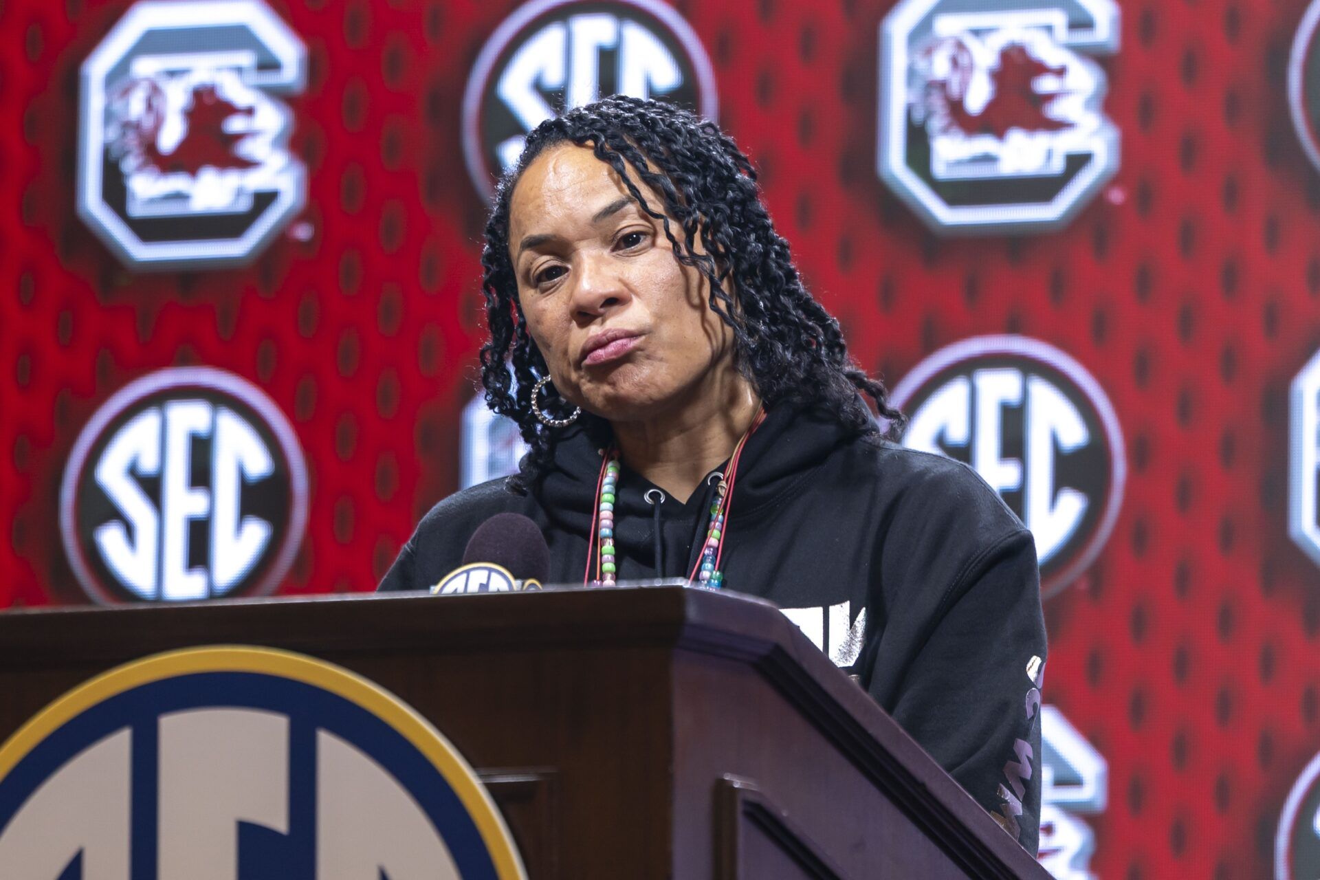 South Carolina Gamecocks head coach Dawn Staley talks with the media during SEC Media Days at Grand Bohemian Hotel.