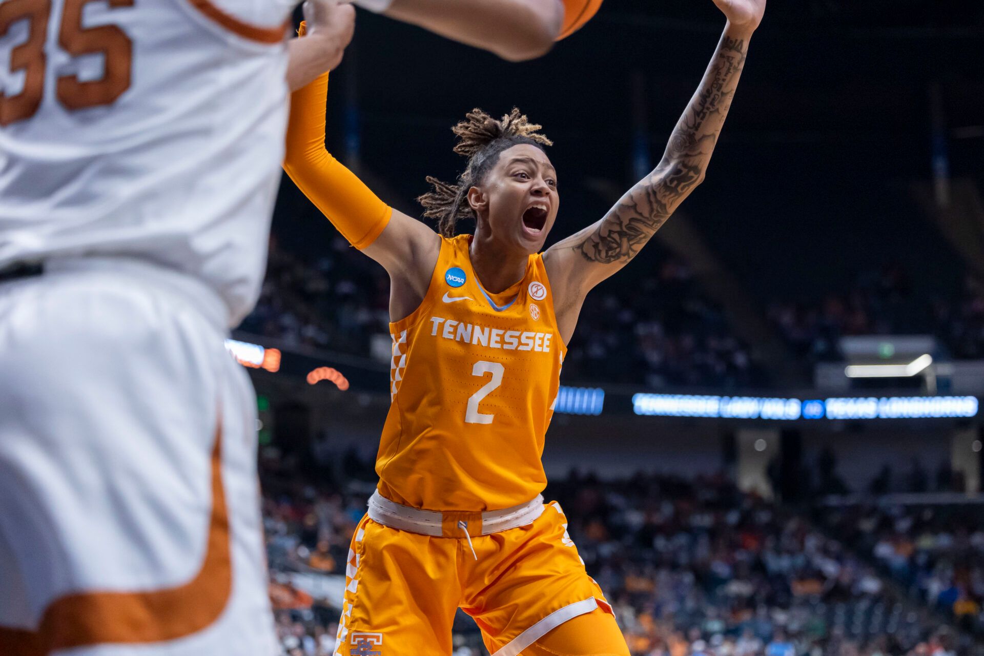 Tennessee Lady Vols guard Ruby Whitehorn (2) screams for a five second violation during the second half of a Sweet 16 NCAA Tournament basketball game against the Texas Longhorns at Legacy Arena.