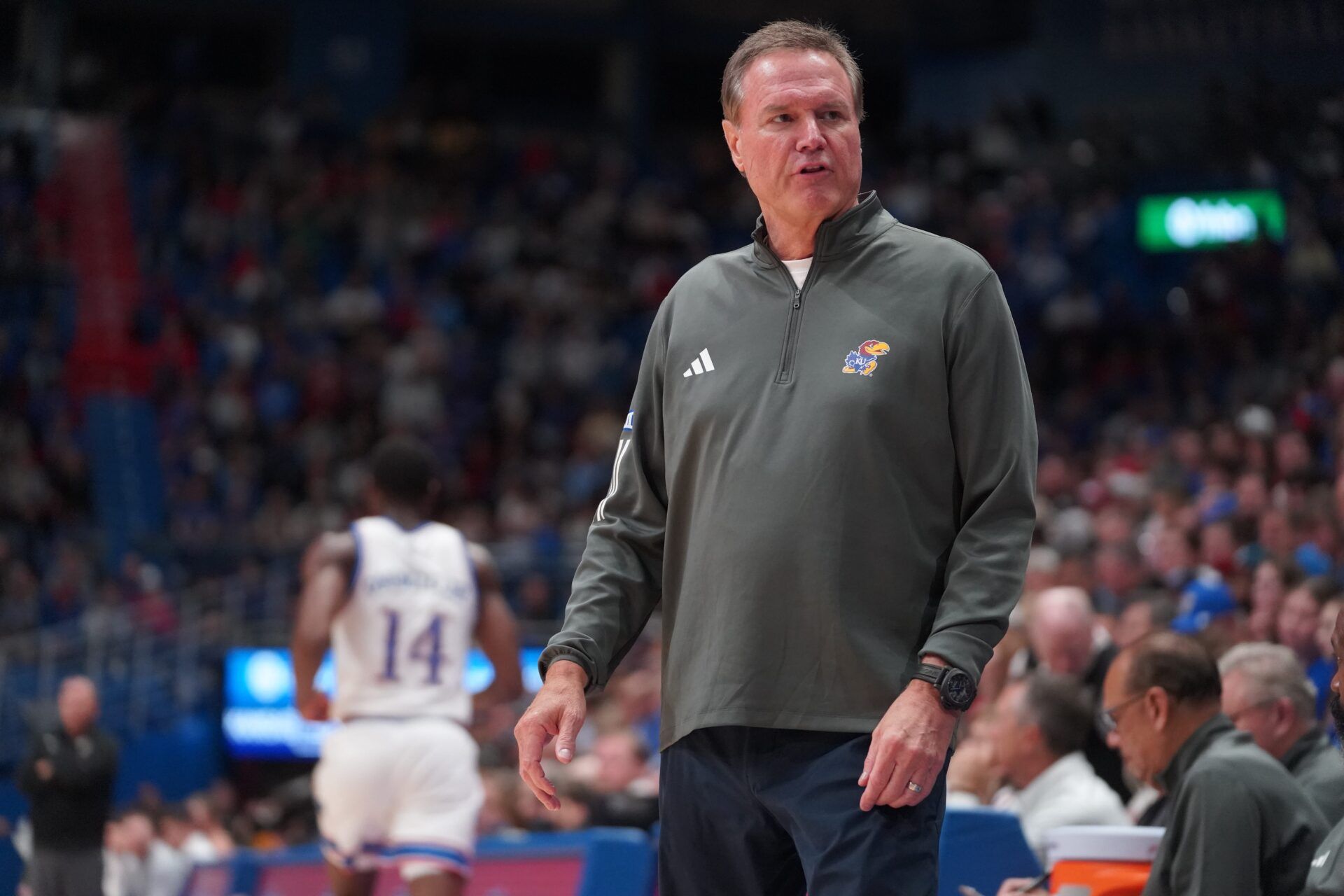 Kansas Jayhawks head coach Bill Self looks back at his bench during the second half of the exhibition game against Fort Hays State Tigers inside Allen Fieldhouse on Tuesday, October, 28, 2025.