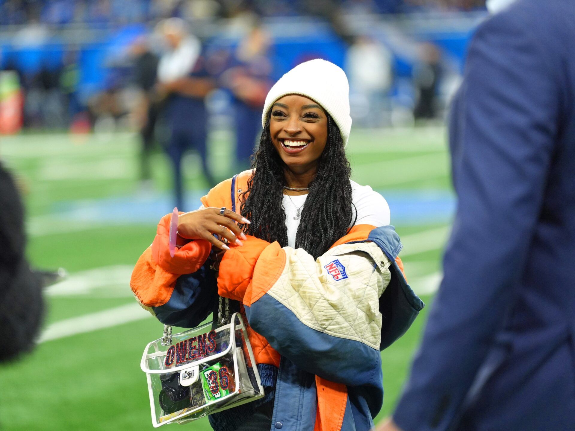 November 28, 2024: Olympic Gold Medalist Simone Biles hangs out on the sidelines to see her husband Chicago Bears Safety Jonathan Owens play against the Detroit Lions on Thanksgiving Day at Ford Field in Detroit.