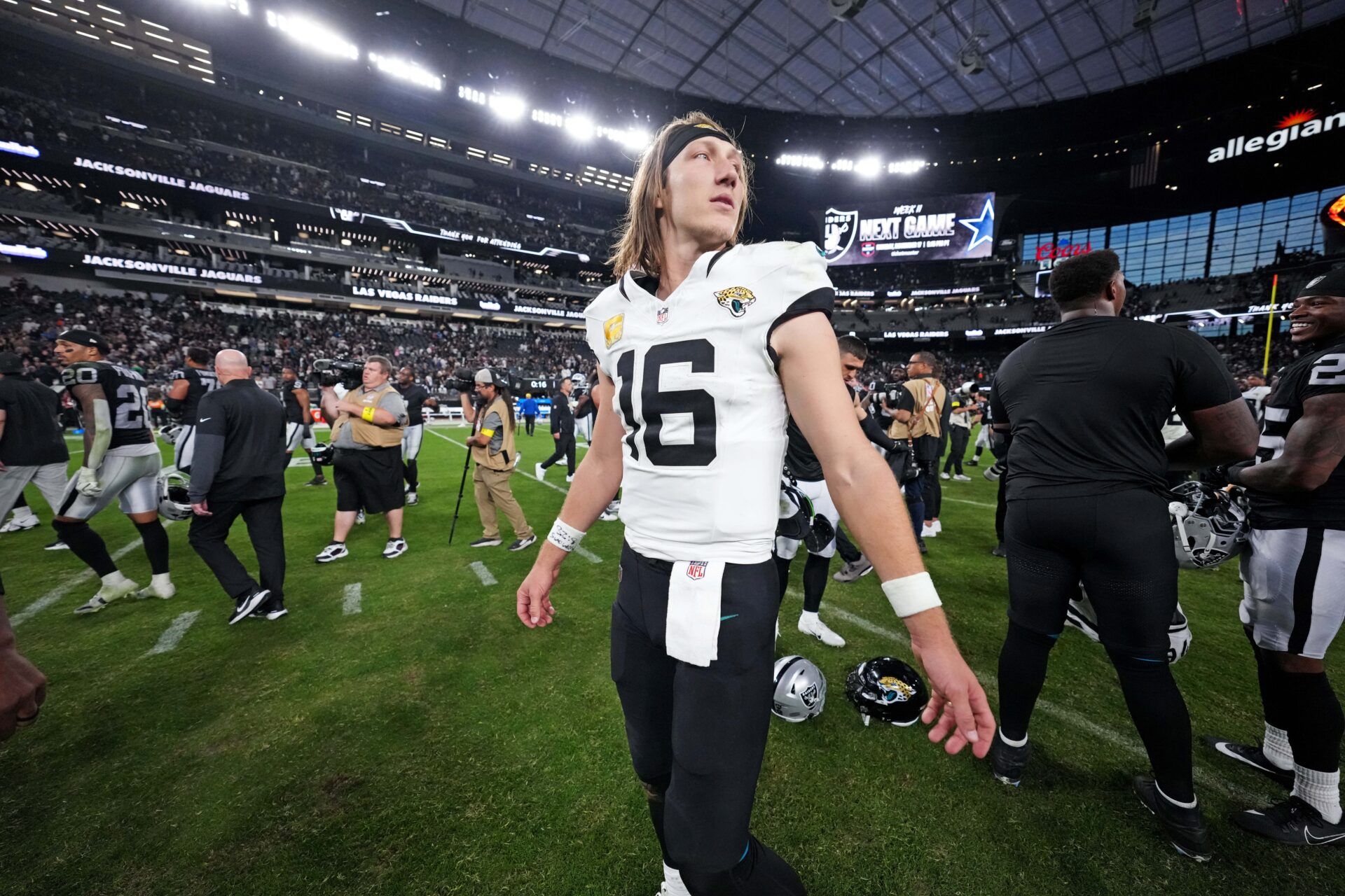Jacksonville Jaguars quarterback Trevor Lawrence (16) looks on after the win against the Las Vegas Raiders at Allegiant Stadium.