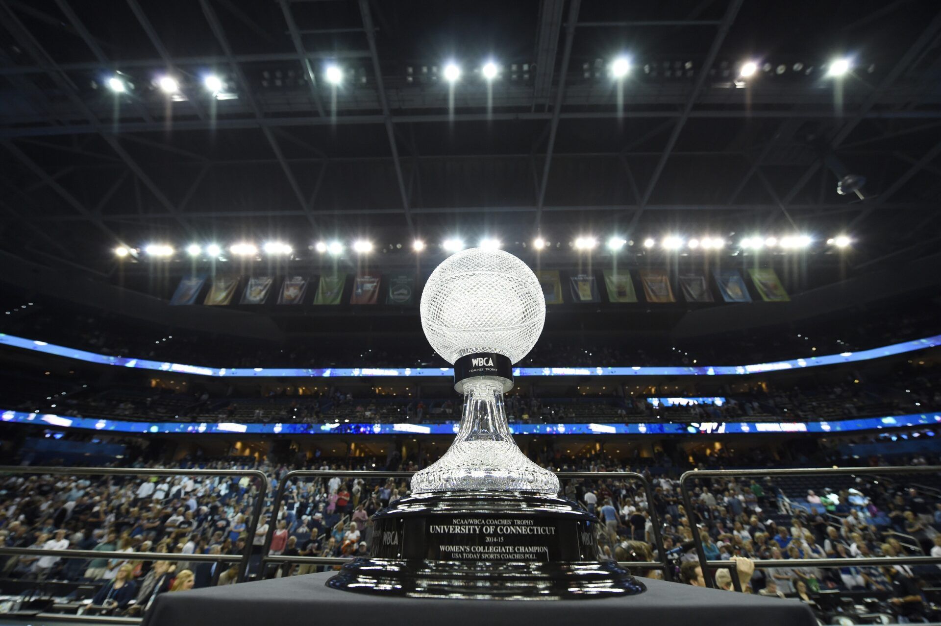 The WBCA Coaches Trophy is seen following the 2015 NCAA Women's Division I Championship game at Amalie Arena. Connecticut defeated Notre Dame 63-53 to win the trophy.